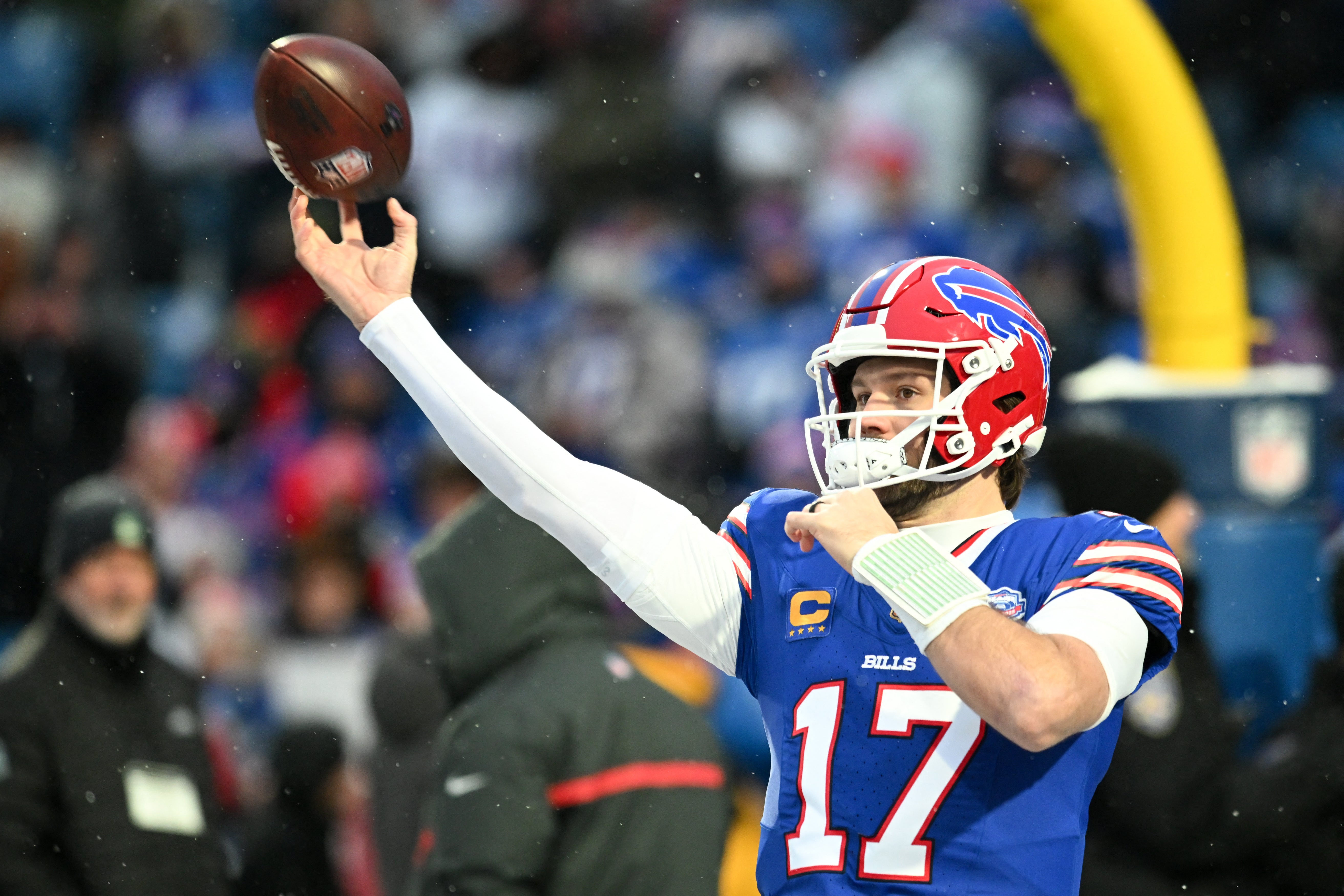 Josh Allen (17) warms up before the game against the New York Jets