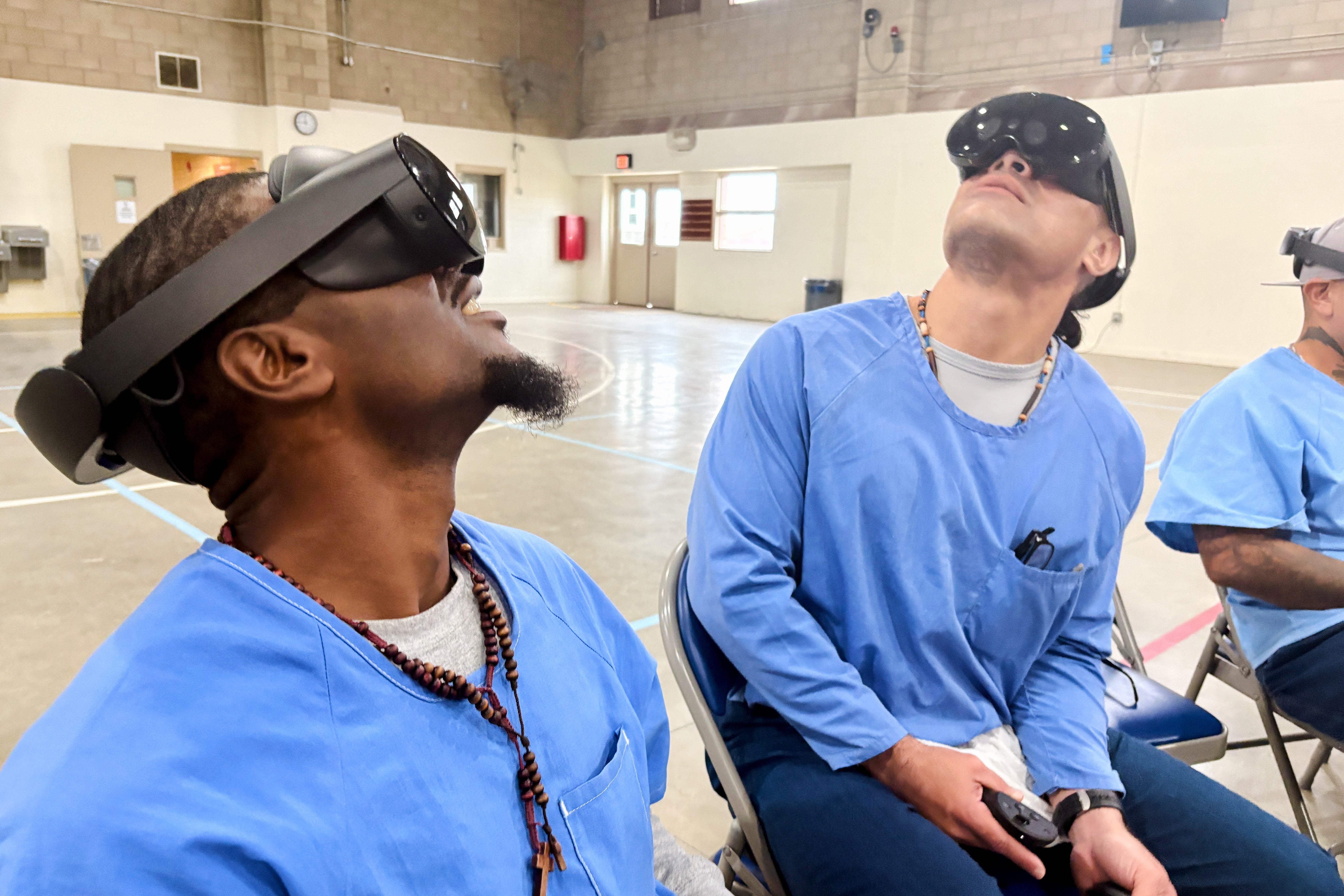 Incarcerated men use virtual reality headsets inside Valley State Prison in Chowchilla, Calif., Dec. 11, 2025. (AP Photo/Haven Daley)