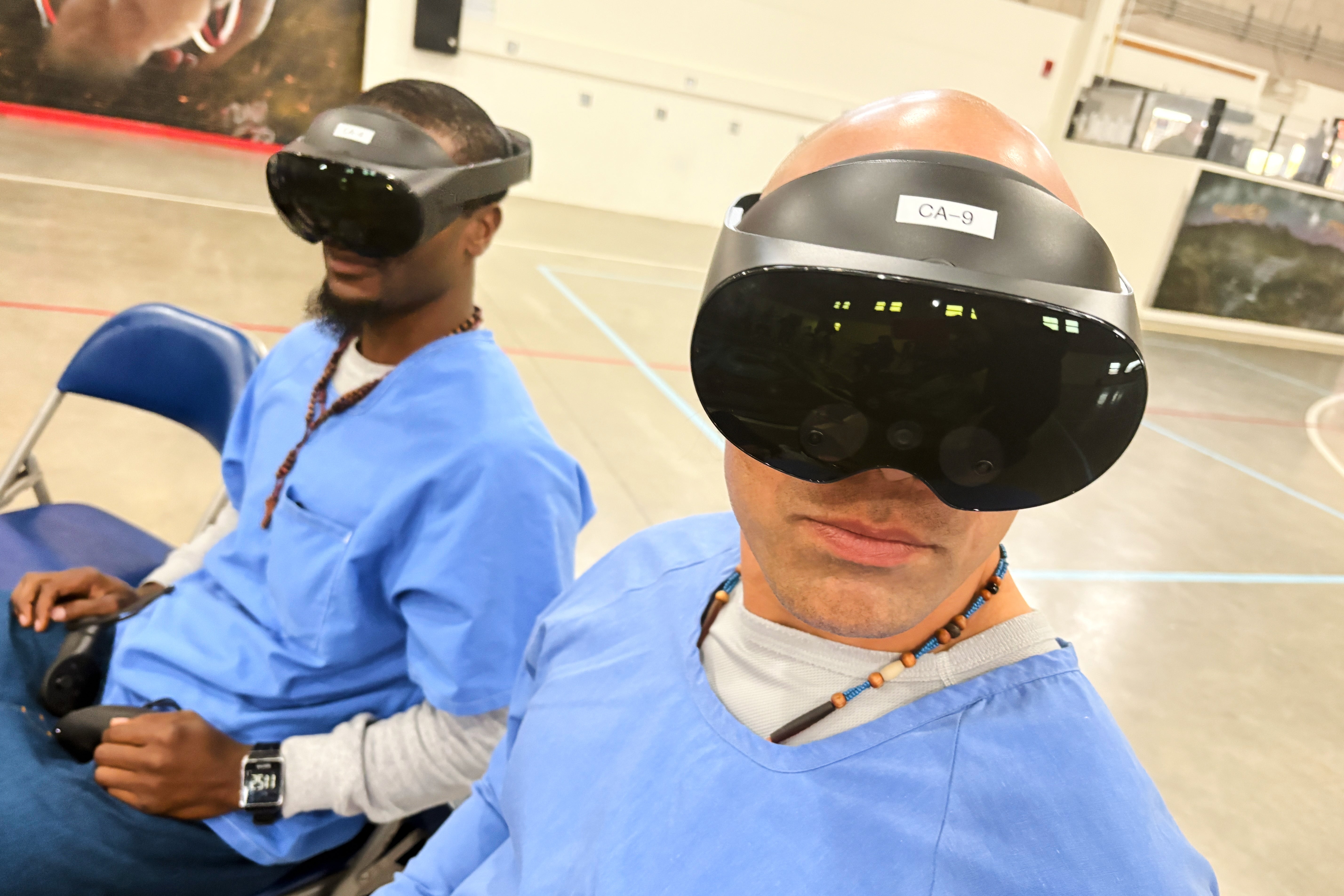 Incarcerated men use virtual reality headsets inside Valley State Prison in Chowchilla, Calif., Dec. 11, 2025. (AP Photo/Haven Daley)