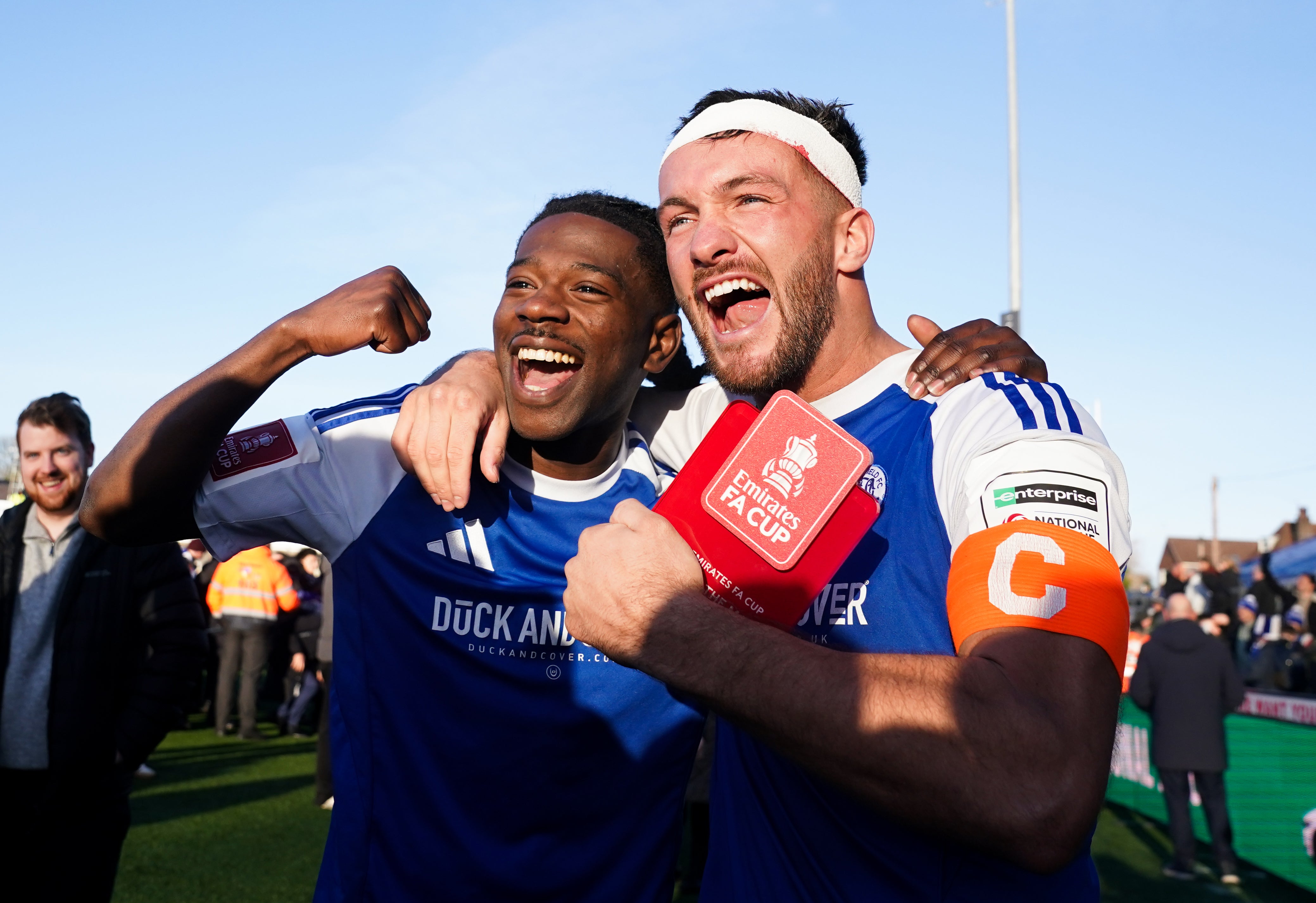 Macclesfield goalscorers Paul Dawson and Isaac Buckley-Ricketts celebrate