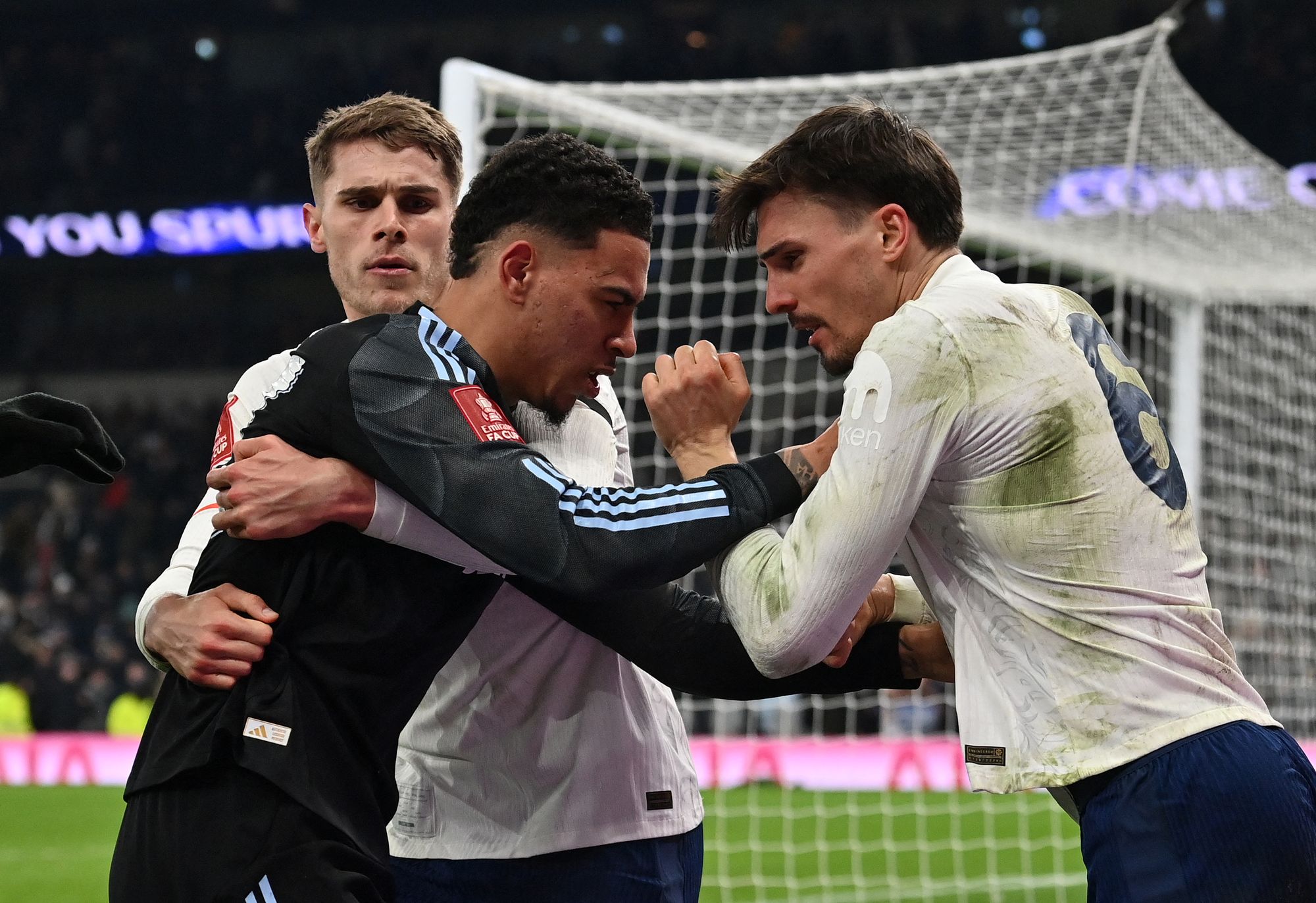 Morgan Rogers, left, and Joao Palhinha clashed after Aston Villa’s win