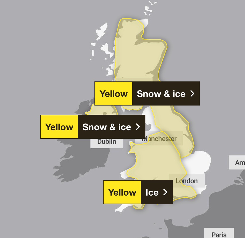 Warnings for snow and ice remain in force across much of the UK on Saturday