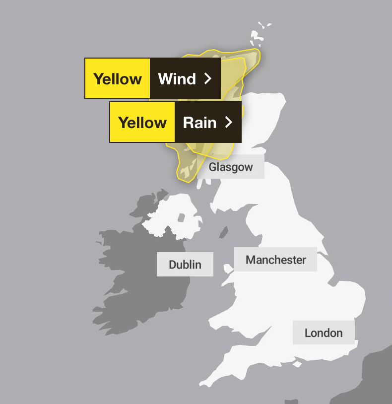 Two yellow weather warnings remain in place on Monday for parts of Scotland