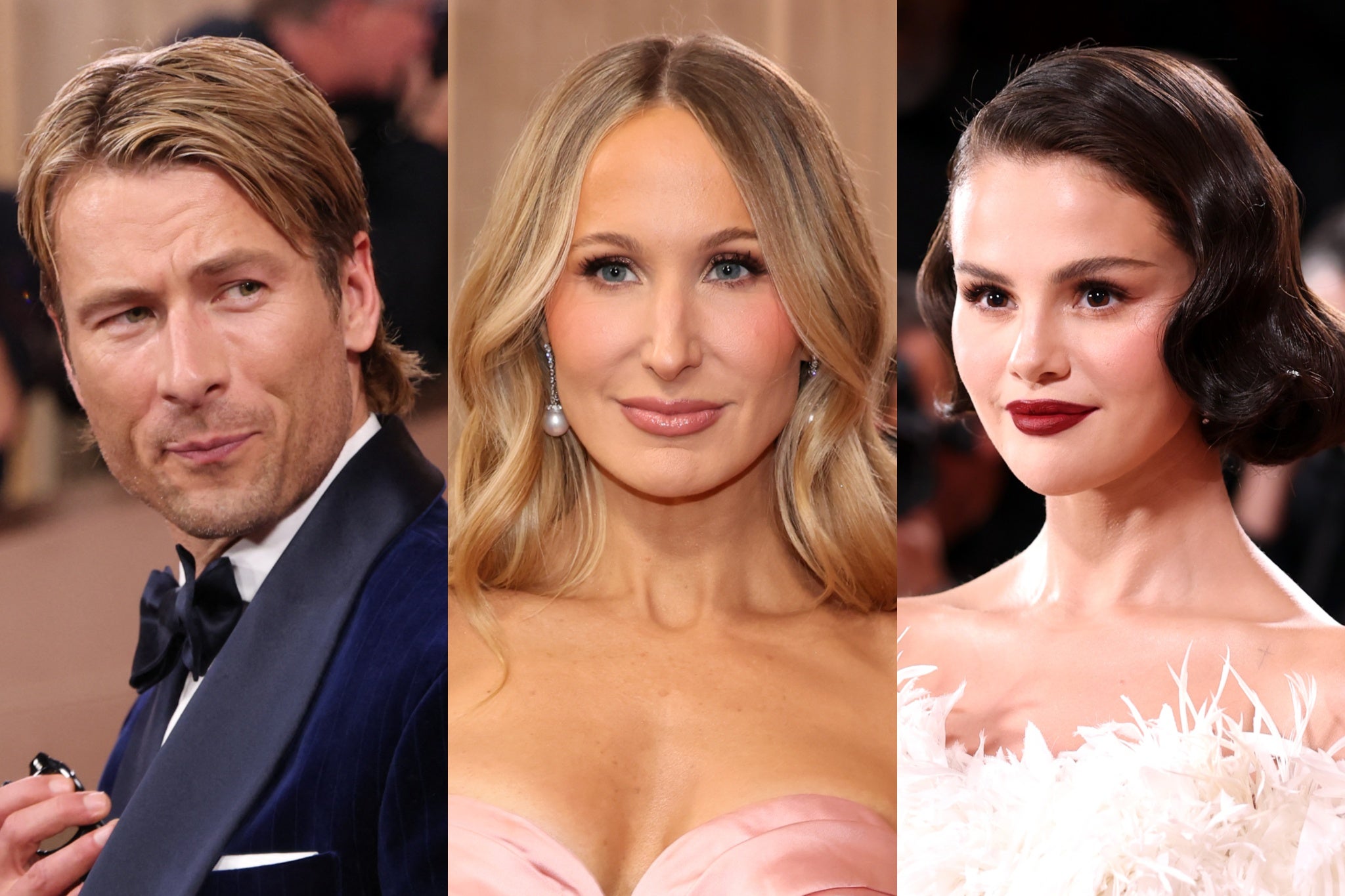 <p>Glen Powell, host Nikki Glaser and Selena Gomez attend the 2026 Golden Globes</p>