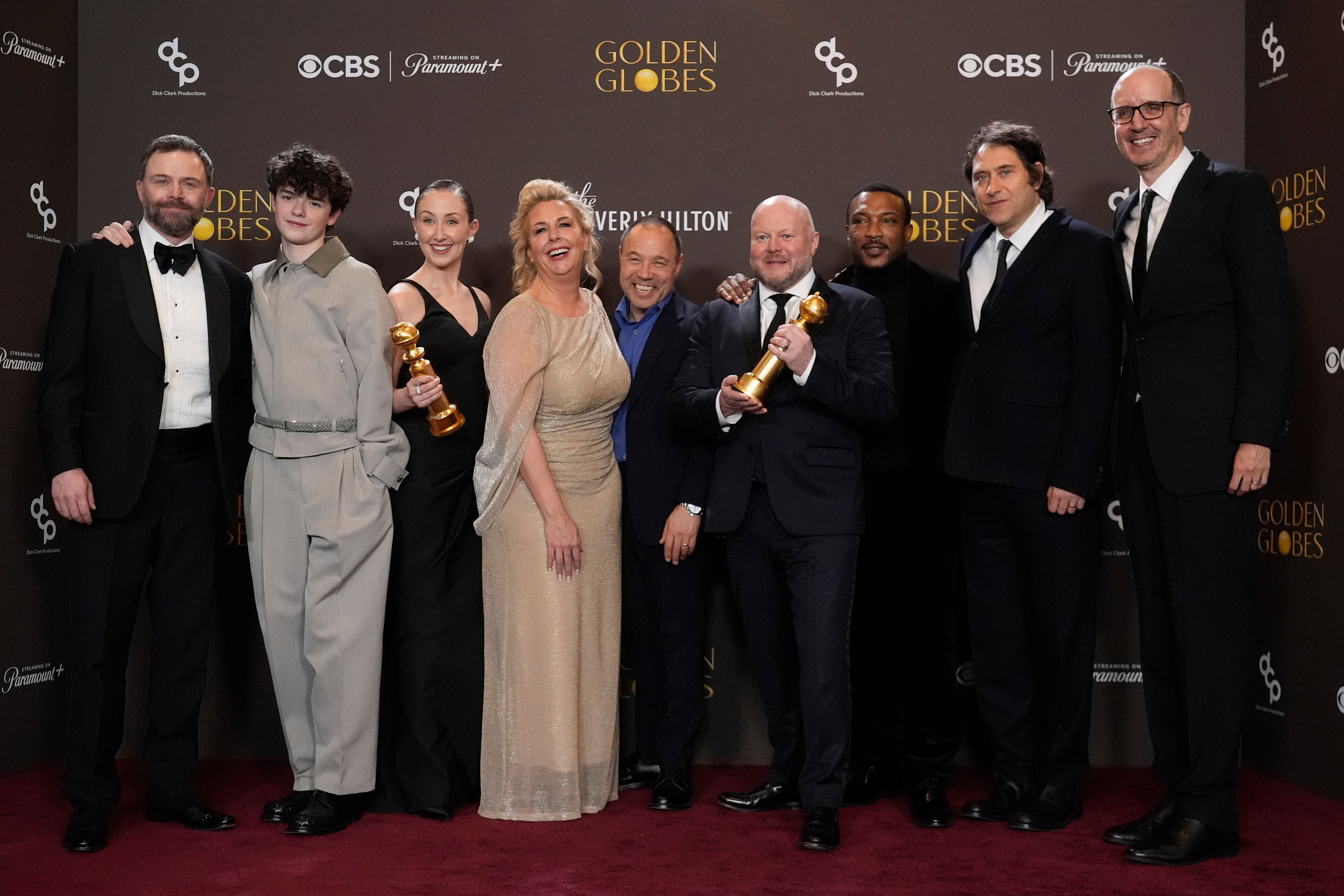 <p>The cast and crew of Adolescence at the Golden Globes. From left: Philip Barantini, Owen Cooper, Erin Doherty, Hannah Walters, Stephen Graham, Andy Cooper, Ashley Walters, Jeremy Kleiner, and Jack Thorne </p>