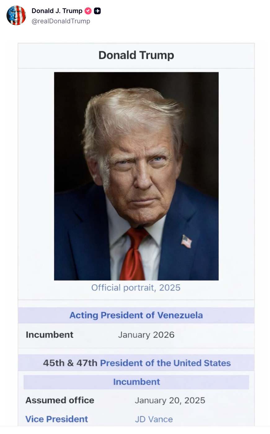 President Donald Trump shared a spoof Wikipedia page in which he is referred to as 'Acting President of Venezuela' on Truth Social on January 11, 2026