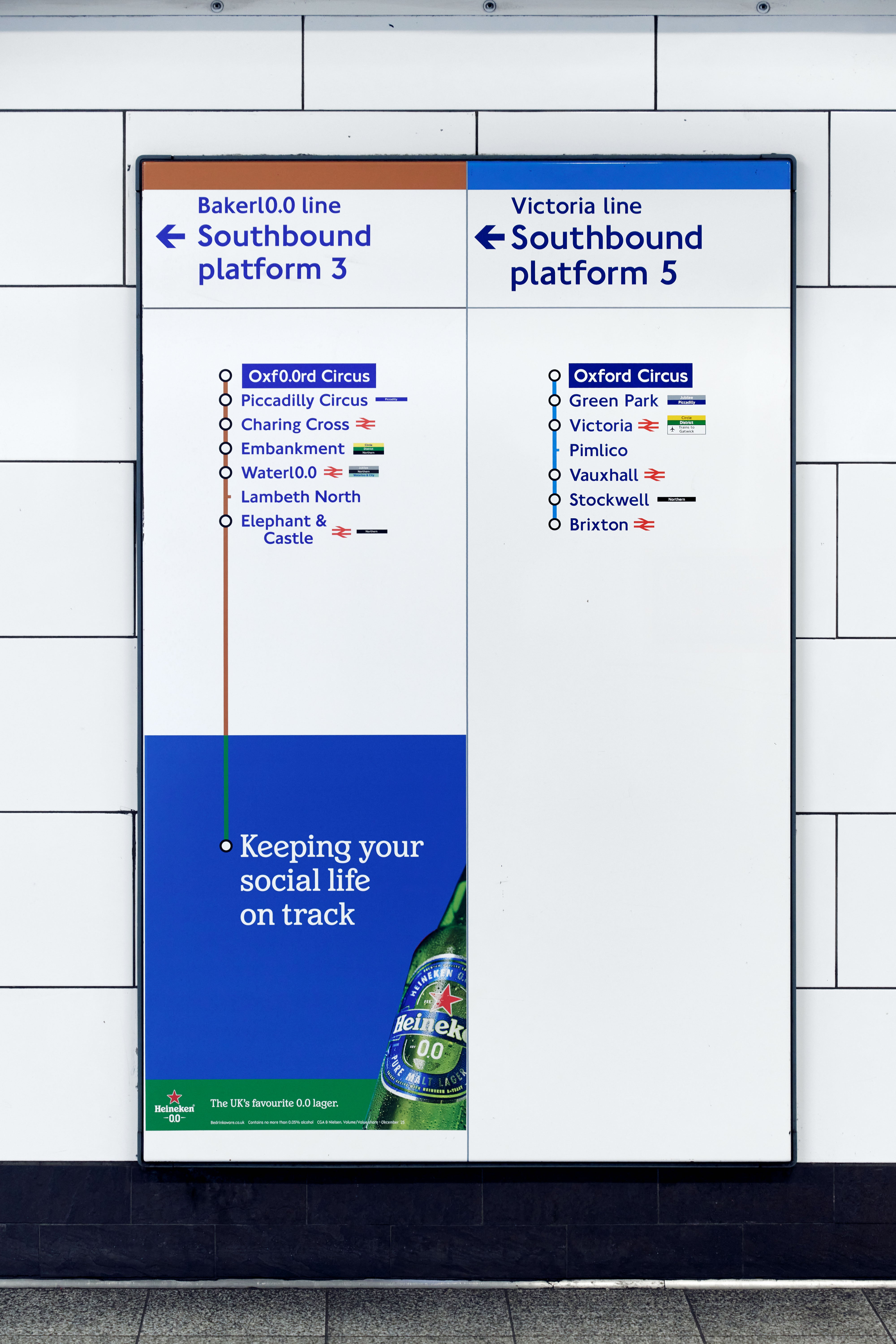 <p>TfL has changed some of its signage on the Bakerloo line as part of a Heineken marketing campaign</p>