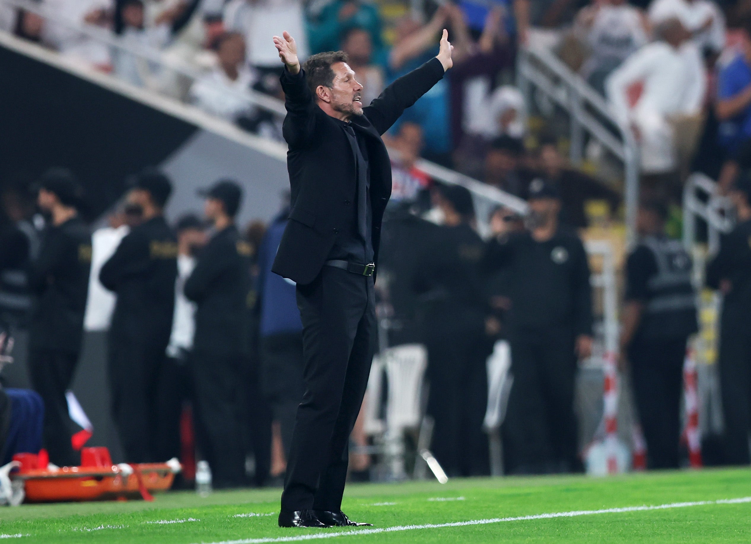 Diego Simeone, Head Coach of Atletico de Madrid, reacts during the Spanish Super Cup Semi-Final match between Real Madrid and Atletico Madrid at King Abdullah Sports City Hall Stadium on January 08, 2026 in Jeddah, Saudi Arabia. (Photo by Yasser Bakhsh/Getty Images)