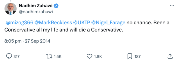 Zahawi’s previous tweets suggested he would remain loyal to the Tory party