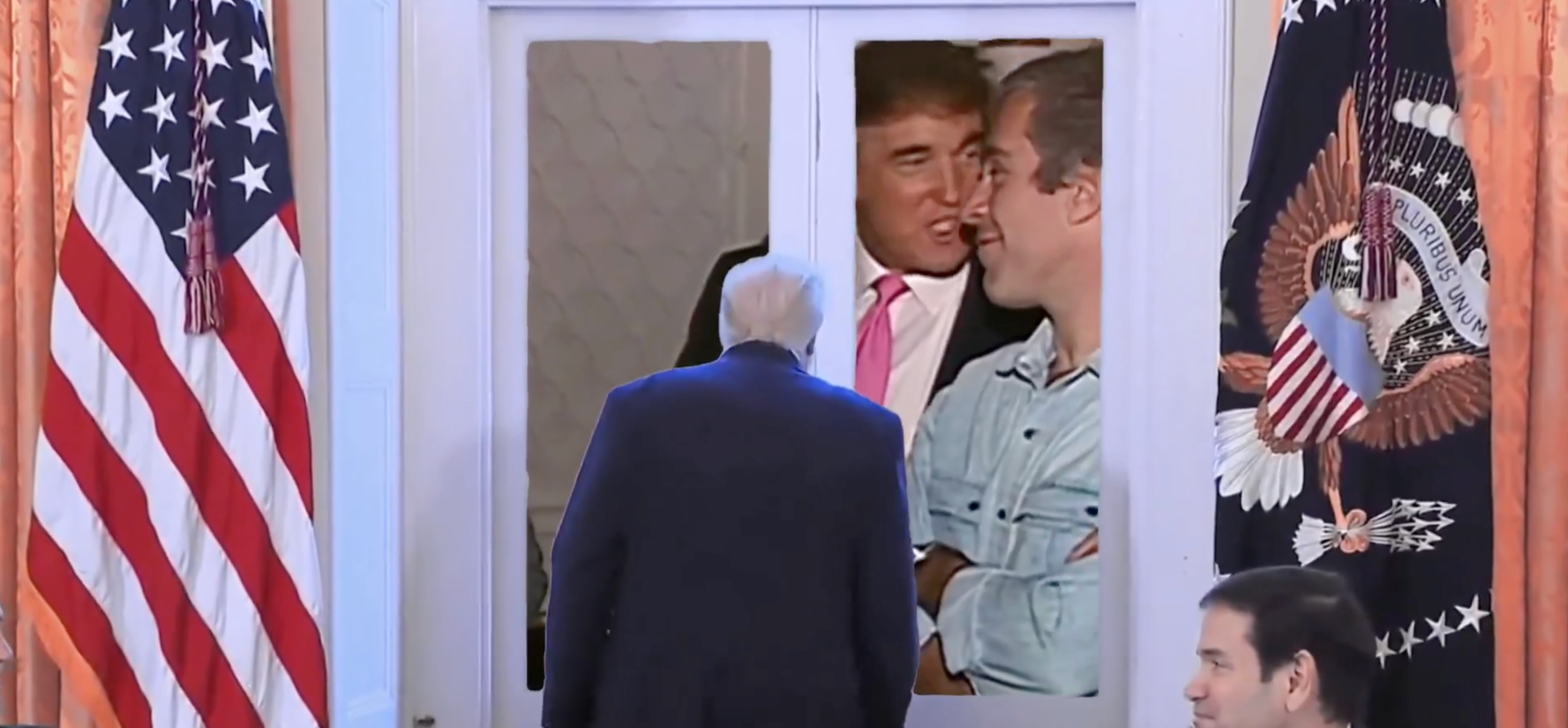 <p>California Governor Gavin Newsom posted real footage of the president gazing from a window - but altered the clip so Trump appeared to be looking at an old video of himself with deceased sex offender Jeffrey Epstein</p>