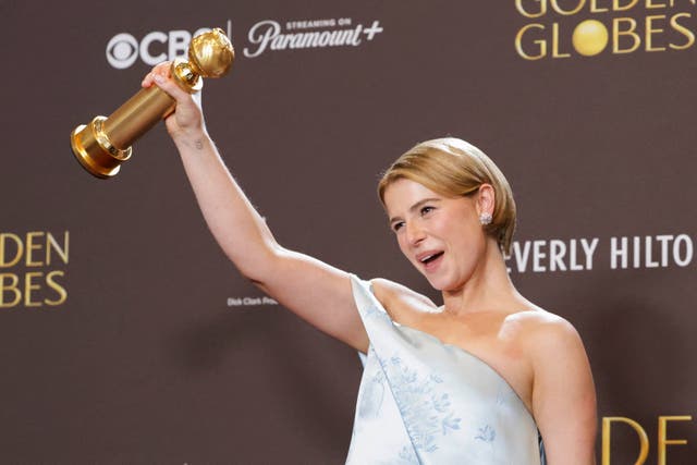 <p>Jessie Buckley poses with the Best Performance by a Female Actor in a Motion Picture – Drama award for "Hamnet"at the 83rd Annual Golden Globes</p>