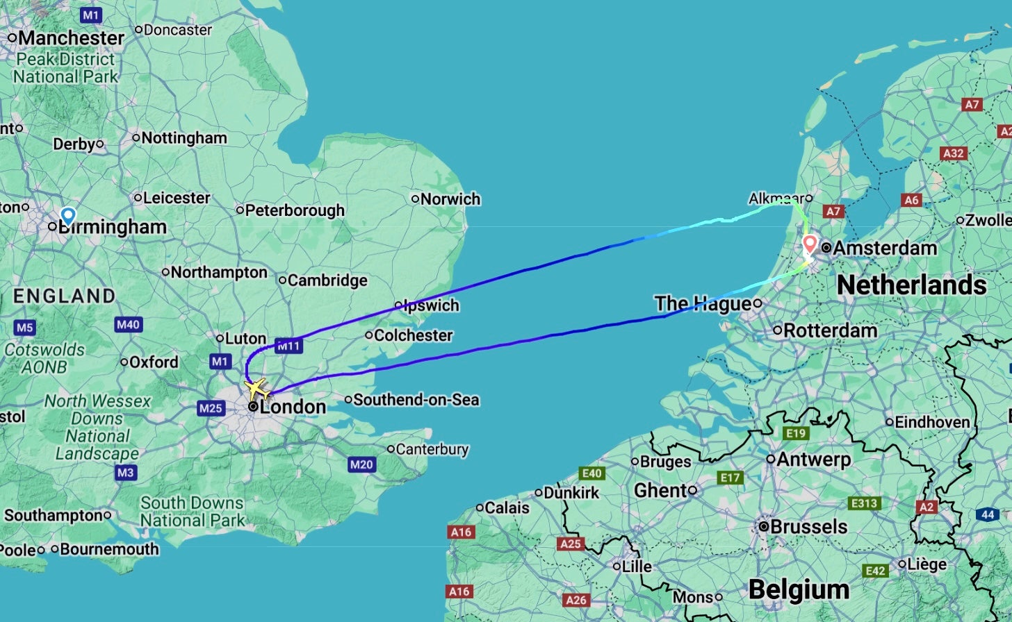 <p>Round trip: Flightpath of KLM flight from Amsterdam to Birmingham on Sunday 11 January 2026</p>