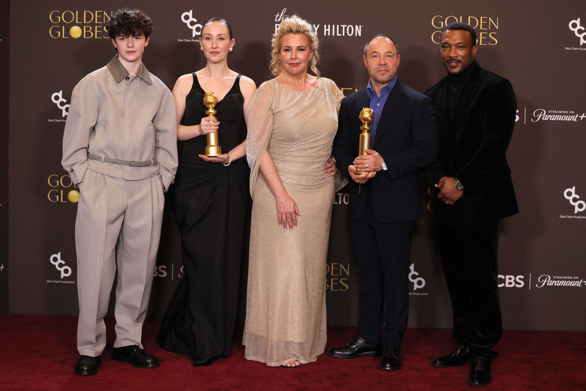 Owen Cooper, Erin Doherty, Hannah Walters, Stephen Graham andAshley Walters, winners of the Best Television Limited Series, Anthology Series, or Motion Picture Made for Television Award for ‘Adolescence’
