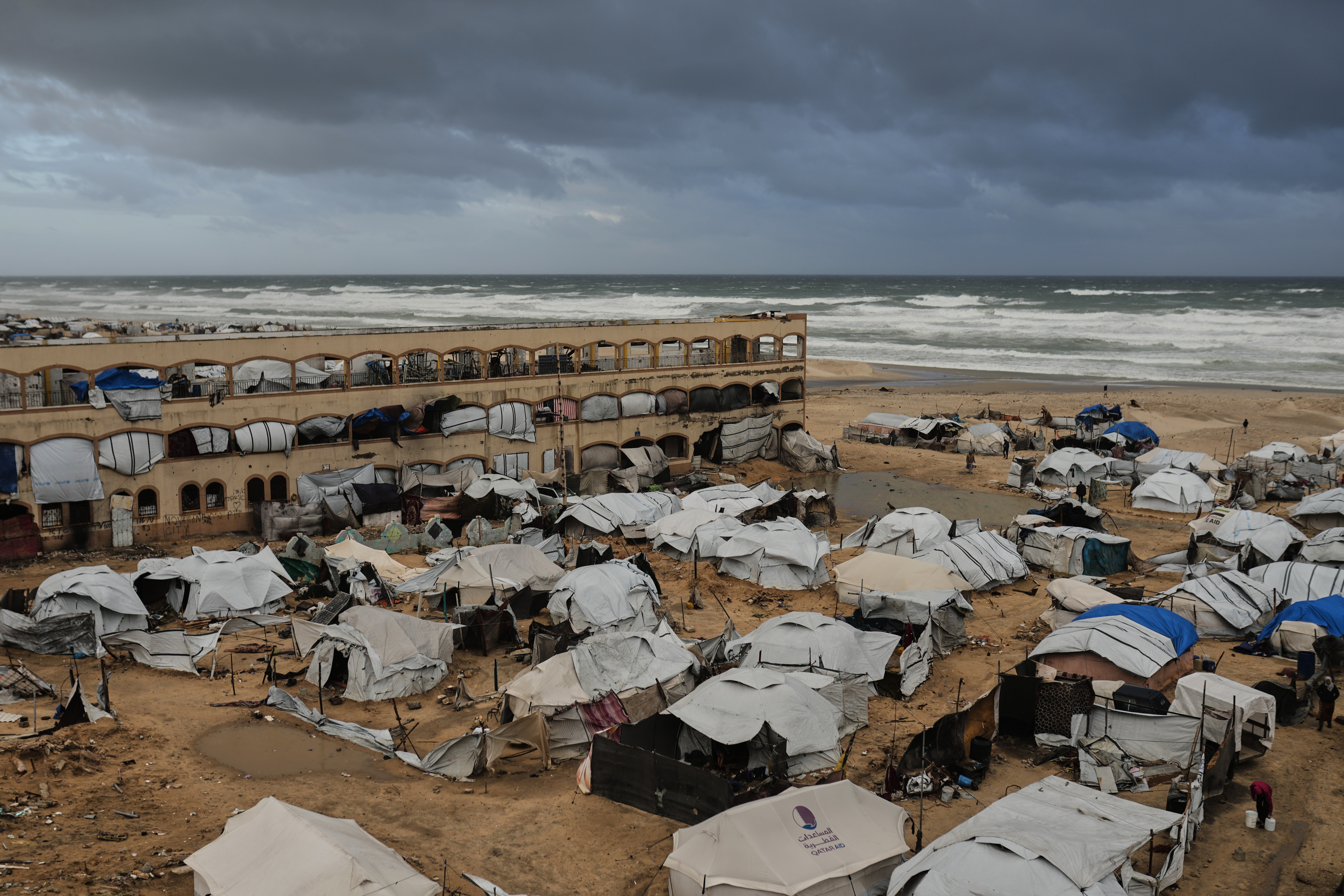 <p>A view of a displacement camp sheltering Palestinians on a beach amid stormy weather in Gaza City, Tuesday, Jan. 13, 2026. (AP Photo/Jehad Alshrafi)</p>
