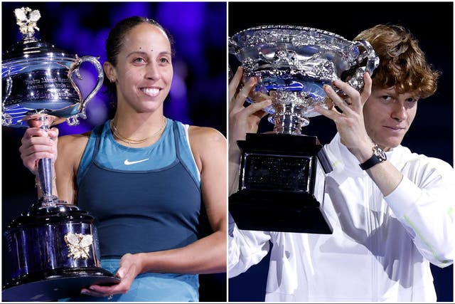 <p>Madison Keys and Jannik Sinner with the 2025 Australian Open singles trophies </p>