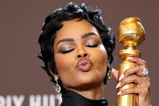 <p>Teyana Taylor, who made her name as a teenage choreographer, with her Golden Globe for Best Supporting Actress. She is also nominated for a Grammy and a hot favorite to win an Oscar</p>