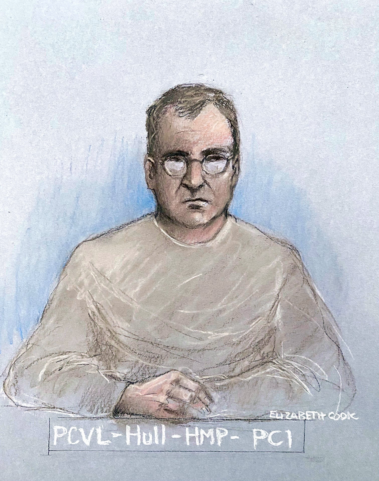 Court artist sketch of Motin from a court appearance via video link in April 2025