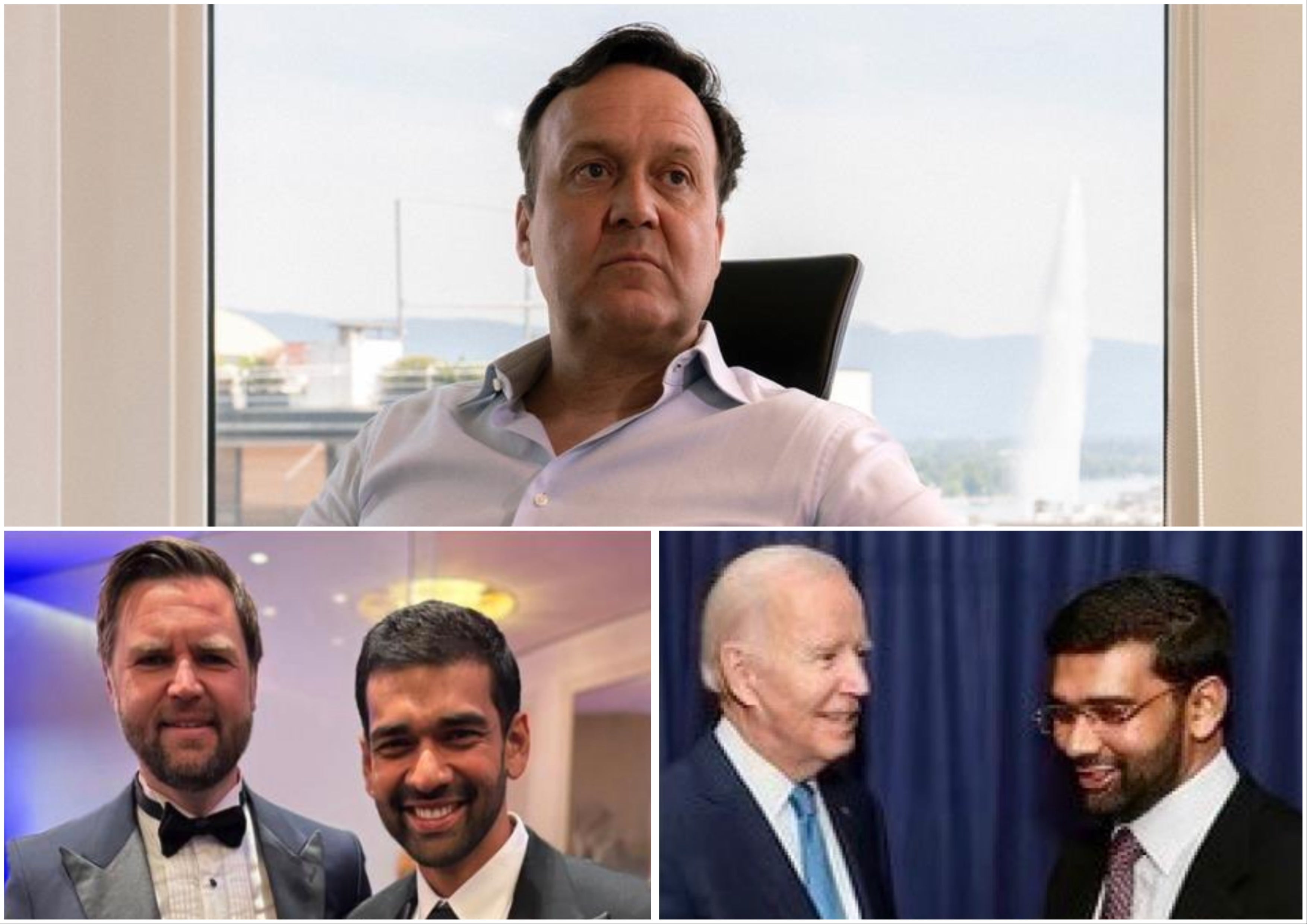 Oil trader Niels Troost (top) has filed a lawsuit against businessman Gaurav Srivastava (below left with Vice President JD Vance; and right with former President Joe Biden)