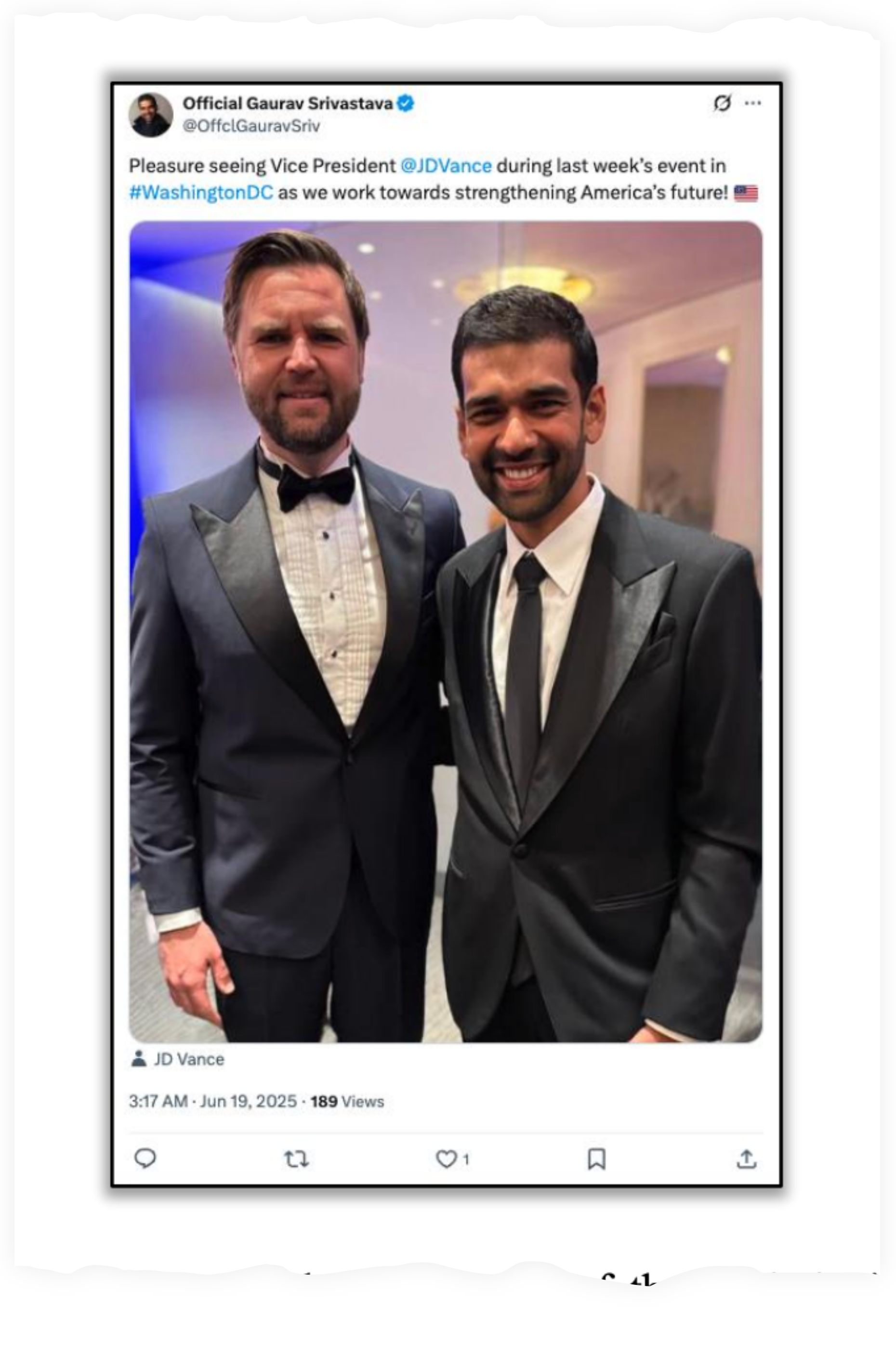 Once a major donor to Democrats, 'fake spy' Gaurav Srivastava, seen here with Vice President JD Vance at a political convention in June 2025, has since cozied up to the Trump administration