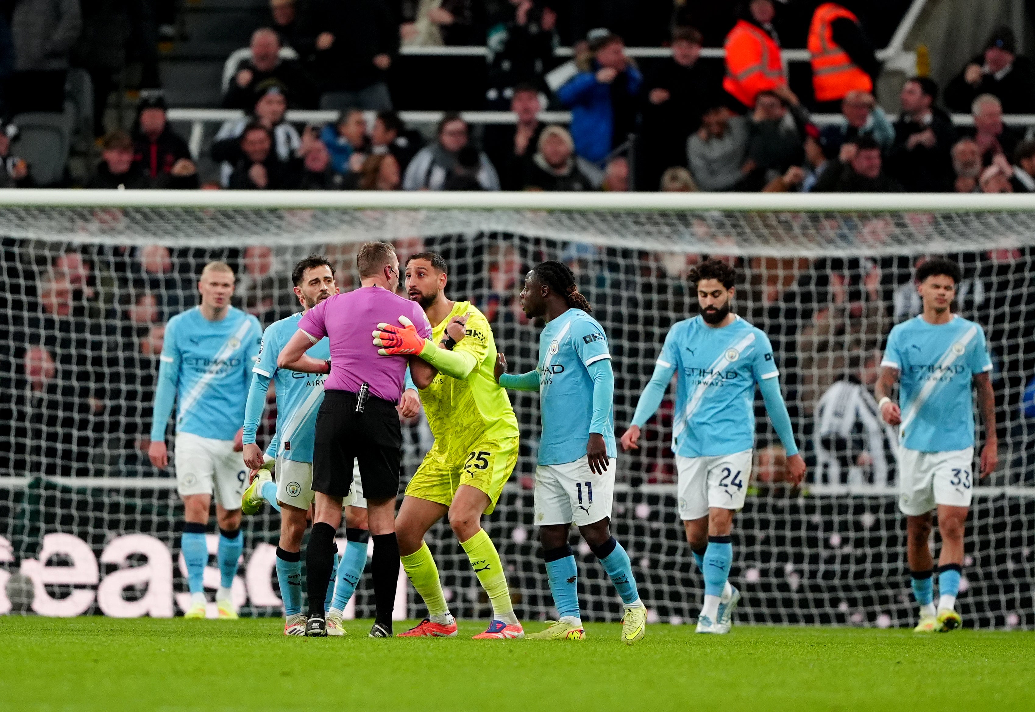Manchester City goalkeeper Gianluigi Donnarumma complains to the referee during November’s Premier League match at St James’ Park (Owen Humphreys/PA)