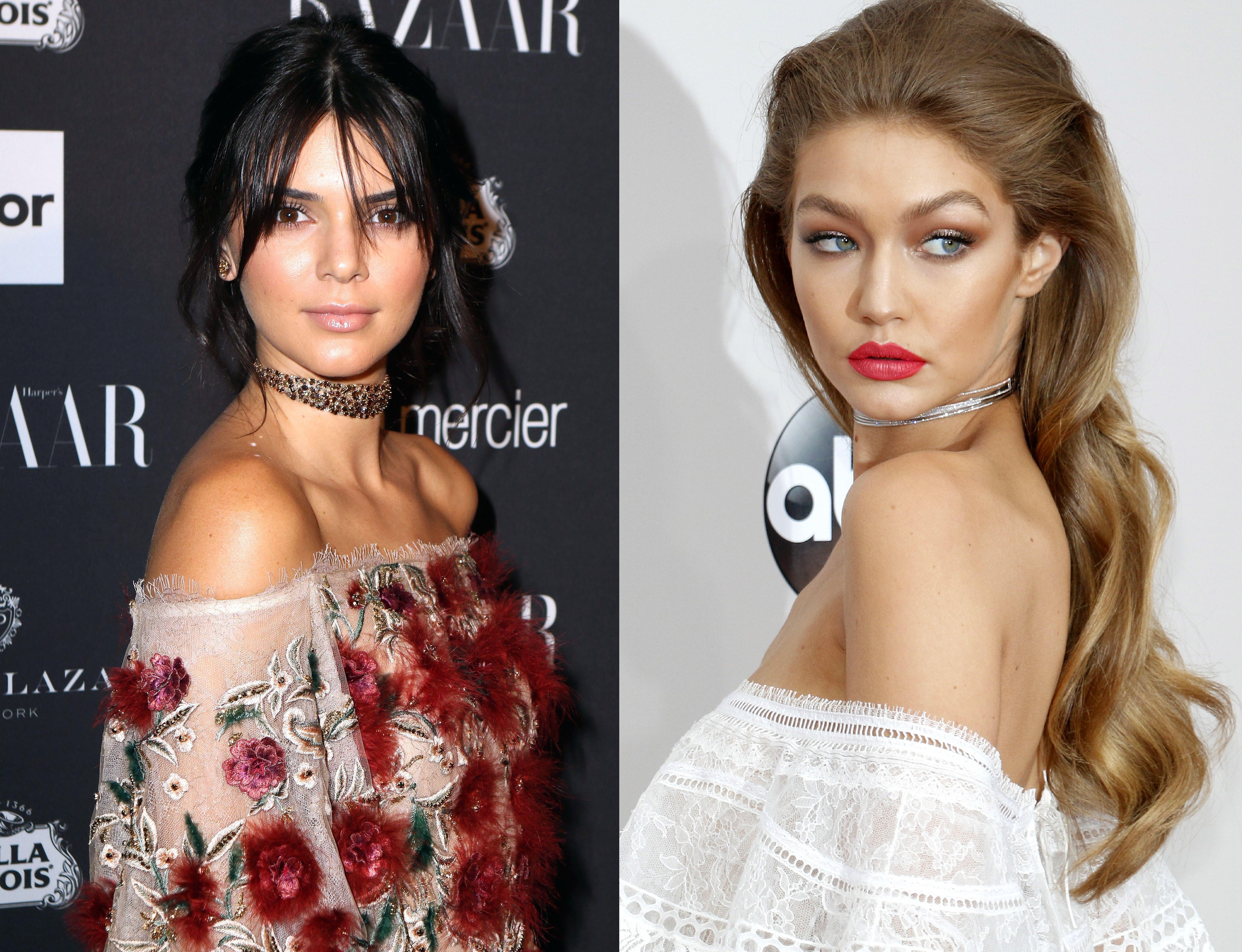 Kendall Jenner and Gigi Hadid sporting the choker and off-the-shoulder top on the red carpet in 2016 (Alamy/PA)