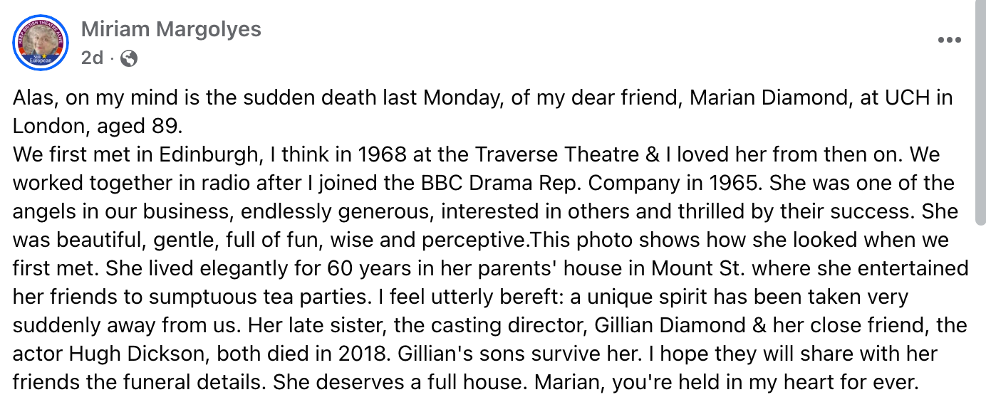 Miriam Margolyes pays tribute to actor friend Marian Diamond