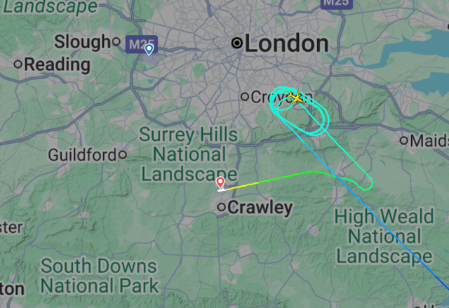 <p>Gatwick diversion: Path of Swiss flight LX324 from Zurich to London Heathrow, which held for 30 minutes before diverting</p>