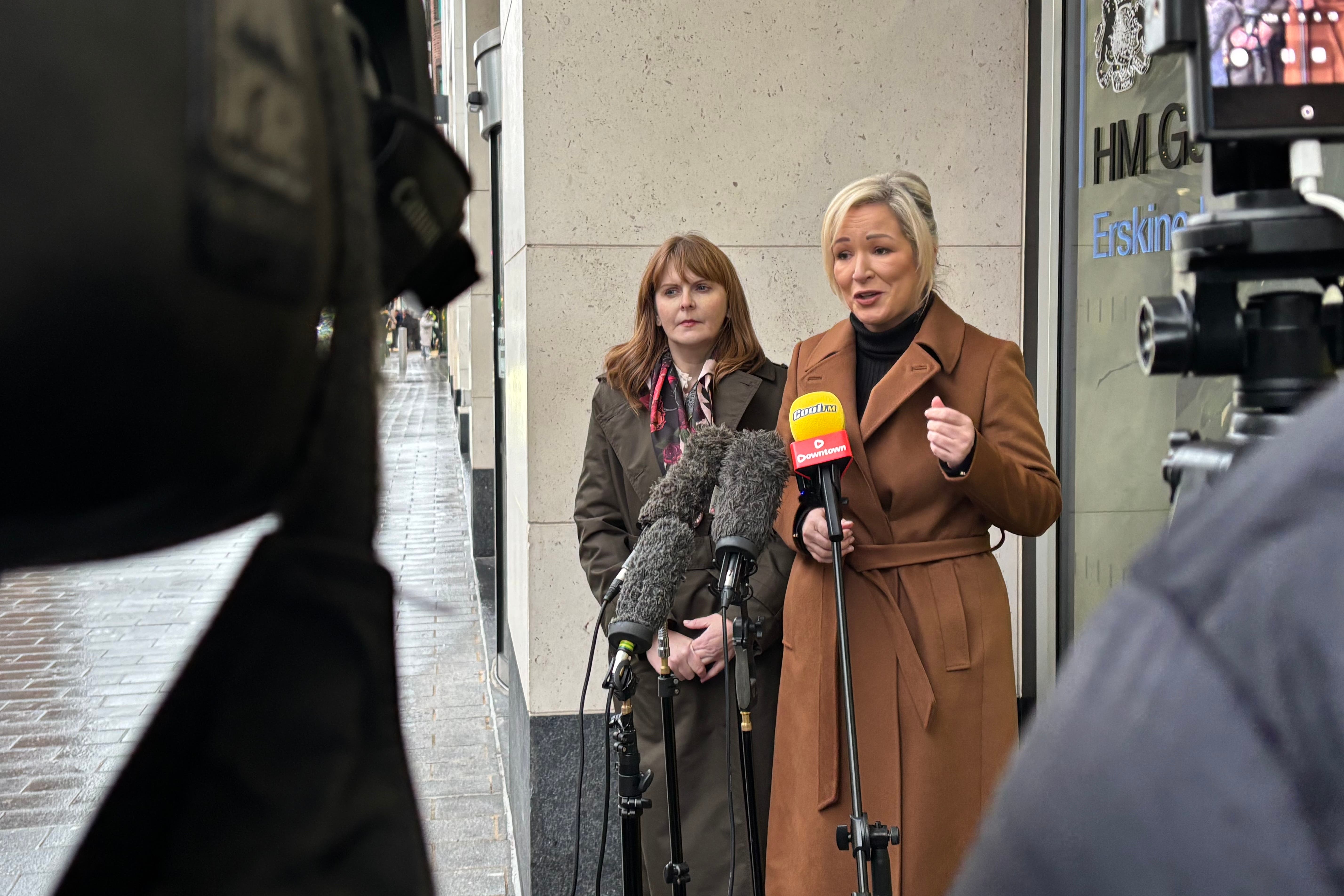 Stormont First Minister Michelle O’Neill (right) with Economy Minister Caoimhe Archibald outside the Northern Ireland Office in central Belfast ahead of a meeting with Secretary of State Hilary Benn on Wednesday afternoon (Rebecca Black/PA)