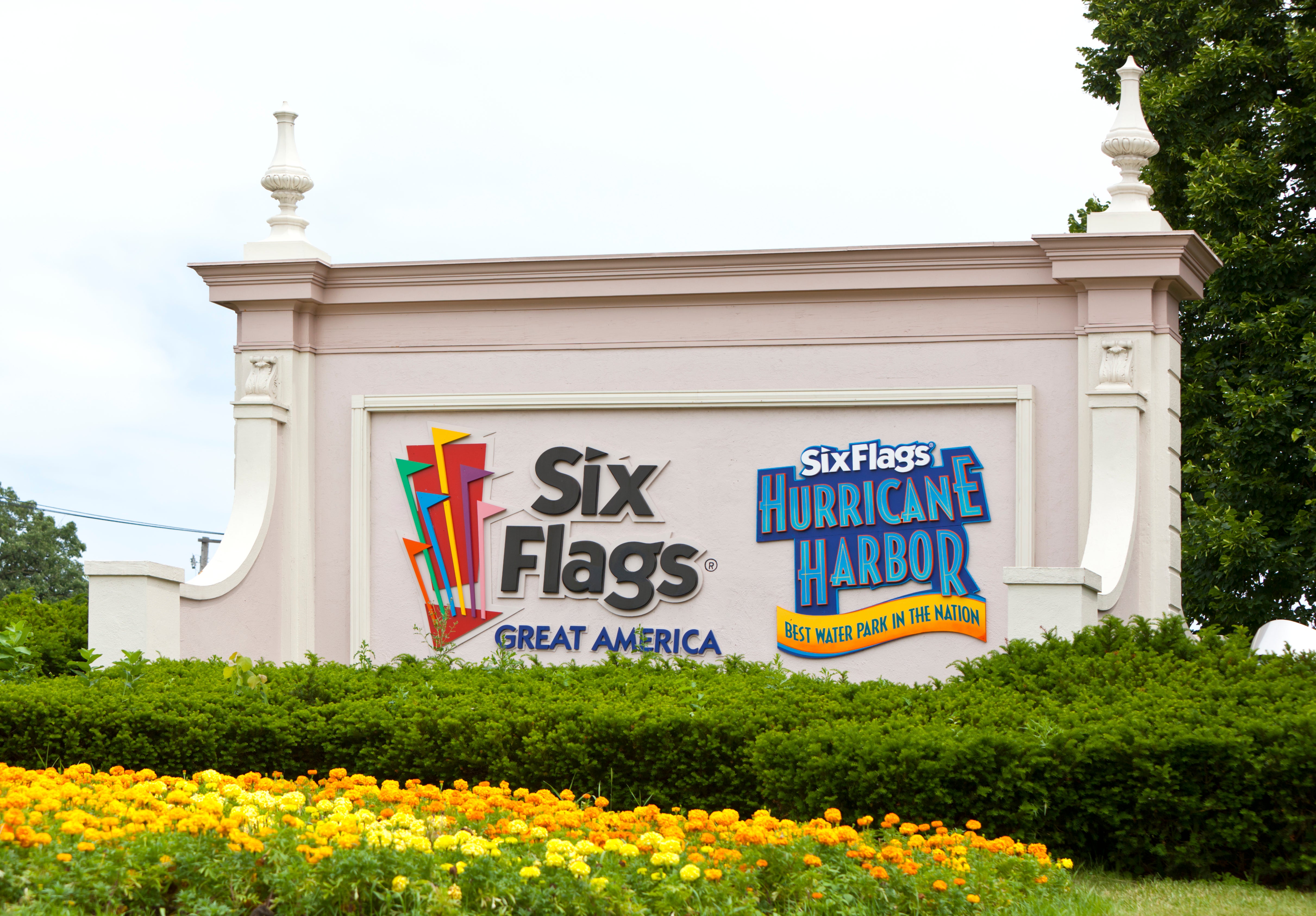 The entrance sign at Six Flags Great America in Gurnee, Illinois. A woman is suing Six Flags Great America after she says she fell out of the park’s Superman: Ultimate Flight rollercoaster