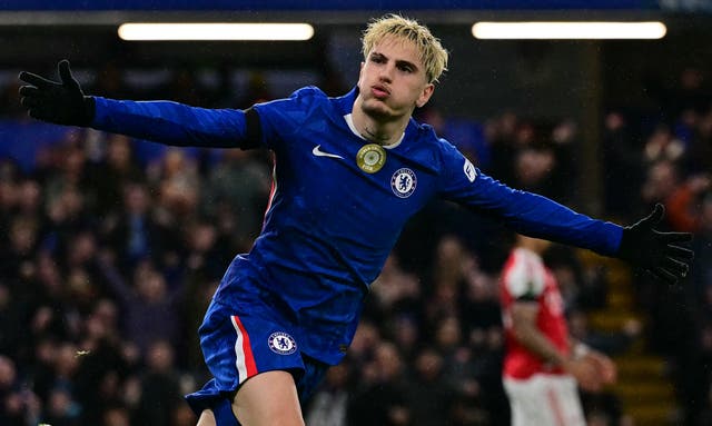 <p>Alejandro Garnacho celebrates his second goal, which gives Chelsea some hope ahead of the second leg </p>