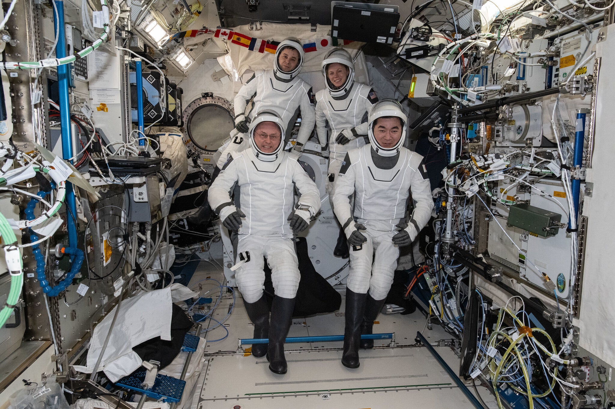 Clockwise from bottom left are Nasa astronaut Mike Fincke, Roscosmos cosmonaut Oleg Platonov, Nasa astronaut Zena Cardman, and JAXA (Japan Aerospace Exploration Agency) astronaut Kimiya Yui