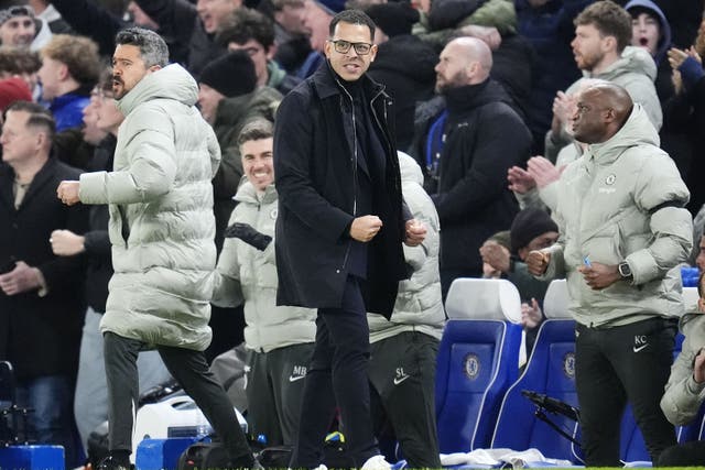 Liam Rosenior celebrates after Alejandro Garnacho scores Chelsea’s second goal (Nick Potts/PA)