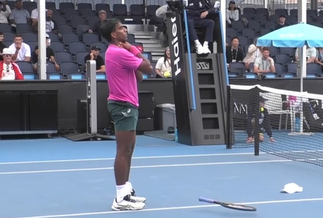 Nishesh Basavareddy celebrated the actual victory by doing a 'choke' gesture towards Ofner