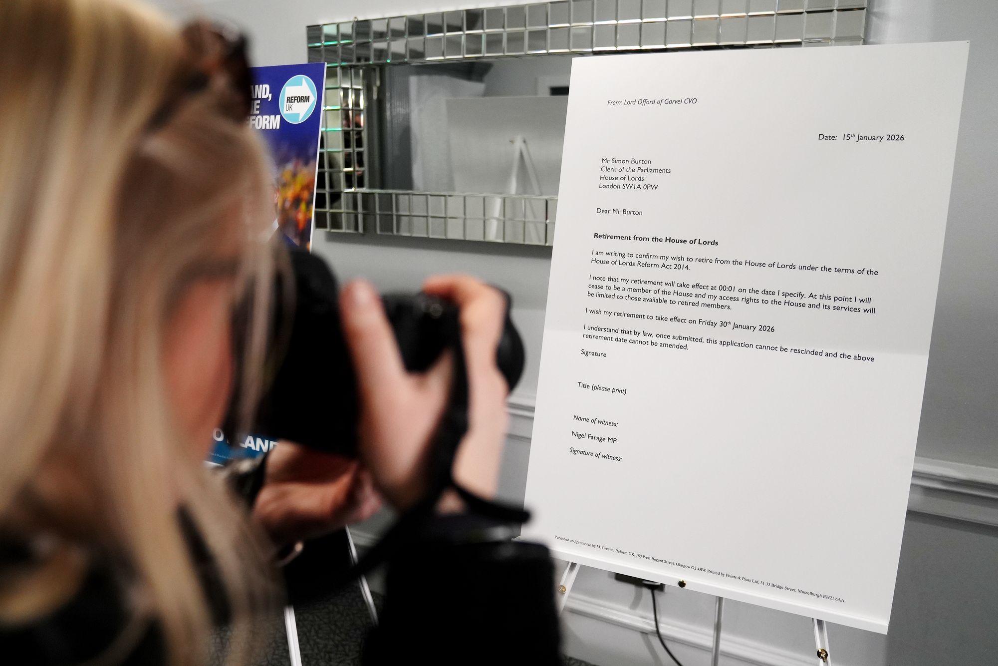 Ahead of the press conference, photographers crowded around a copy of a letter from the office Lord Offord, appearing to confirm his wish to retire from the House of Lords.