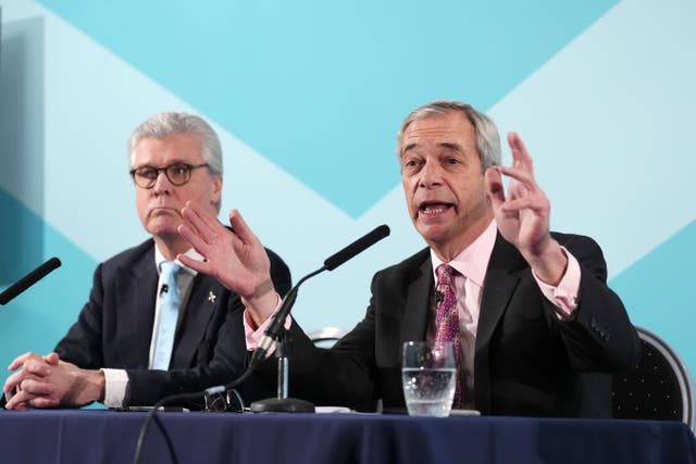 Nigel Farage and Malcolm Offord took part in a press conference (Andrew Milligan/PA)