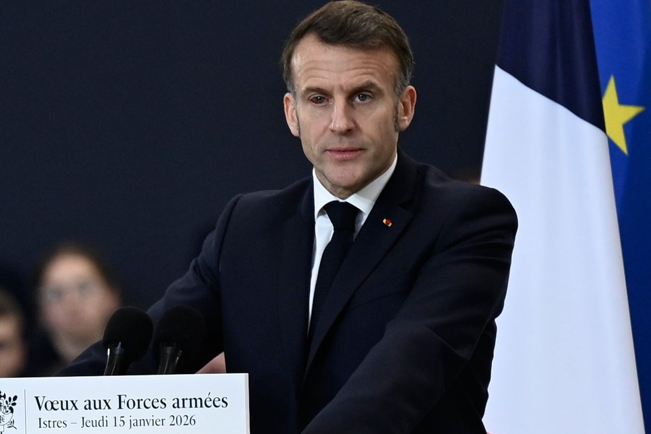 <p>Appearing with a puffy, red eye at the military base in Istres, southern France, Mr Macron reassured attendees that the issue was ‘completely harmless’</p>