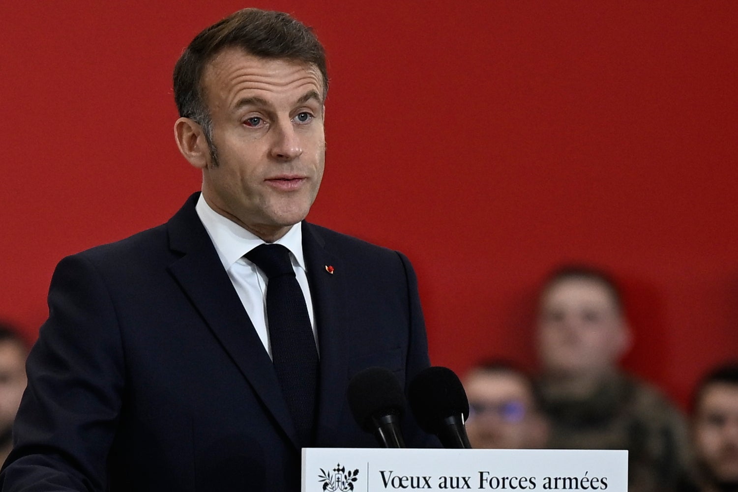 ‘Please pardon the unsightly appearance of my eye. It is, of course, something completely harmless,’ Macron said
