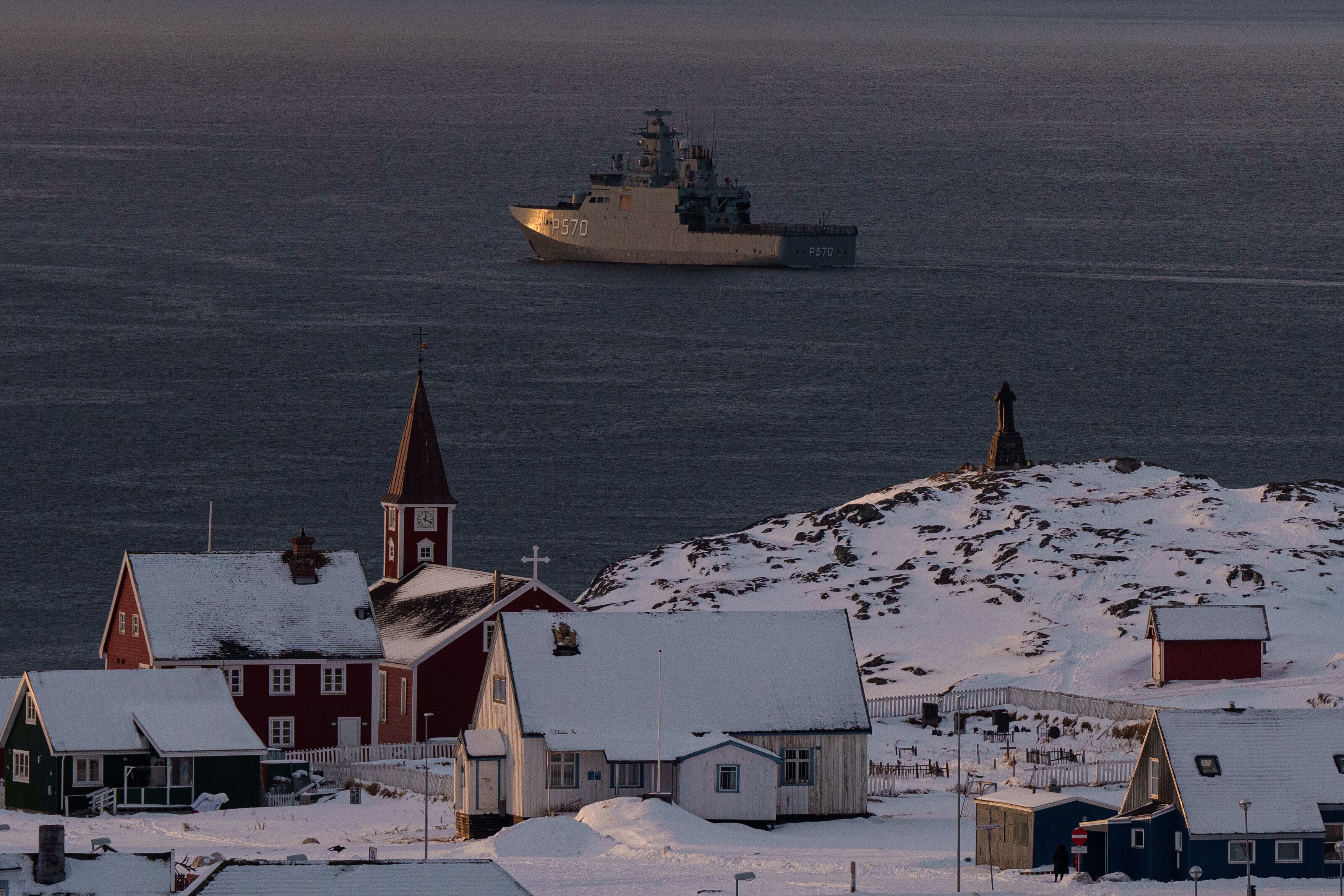 The HDMS Knud Rasmussen of the Royal Danish Navy patrols near Nuuk, Greenland, on Thursday