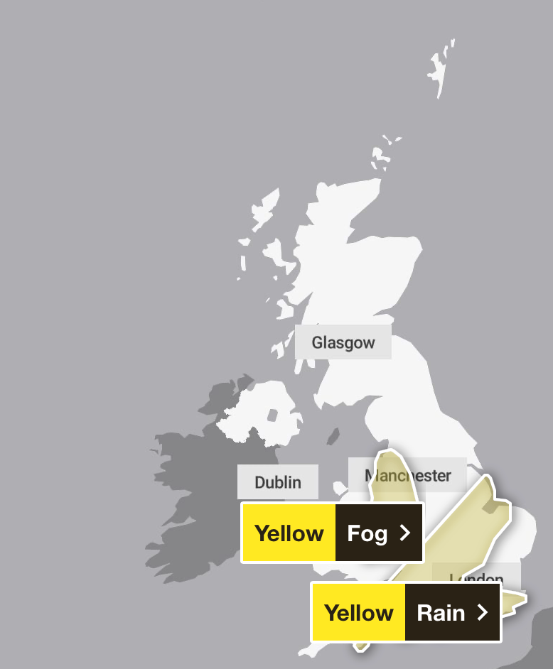 Thursday night will see the rain clear up as a fog warning strikes other parts of the country