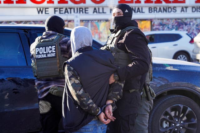 <p>Federal agents detain a person at a bus stop in Minneapolis on January 14</p>