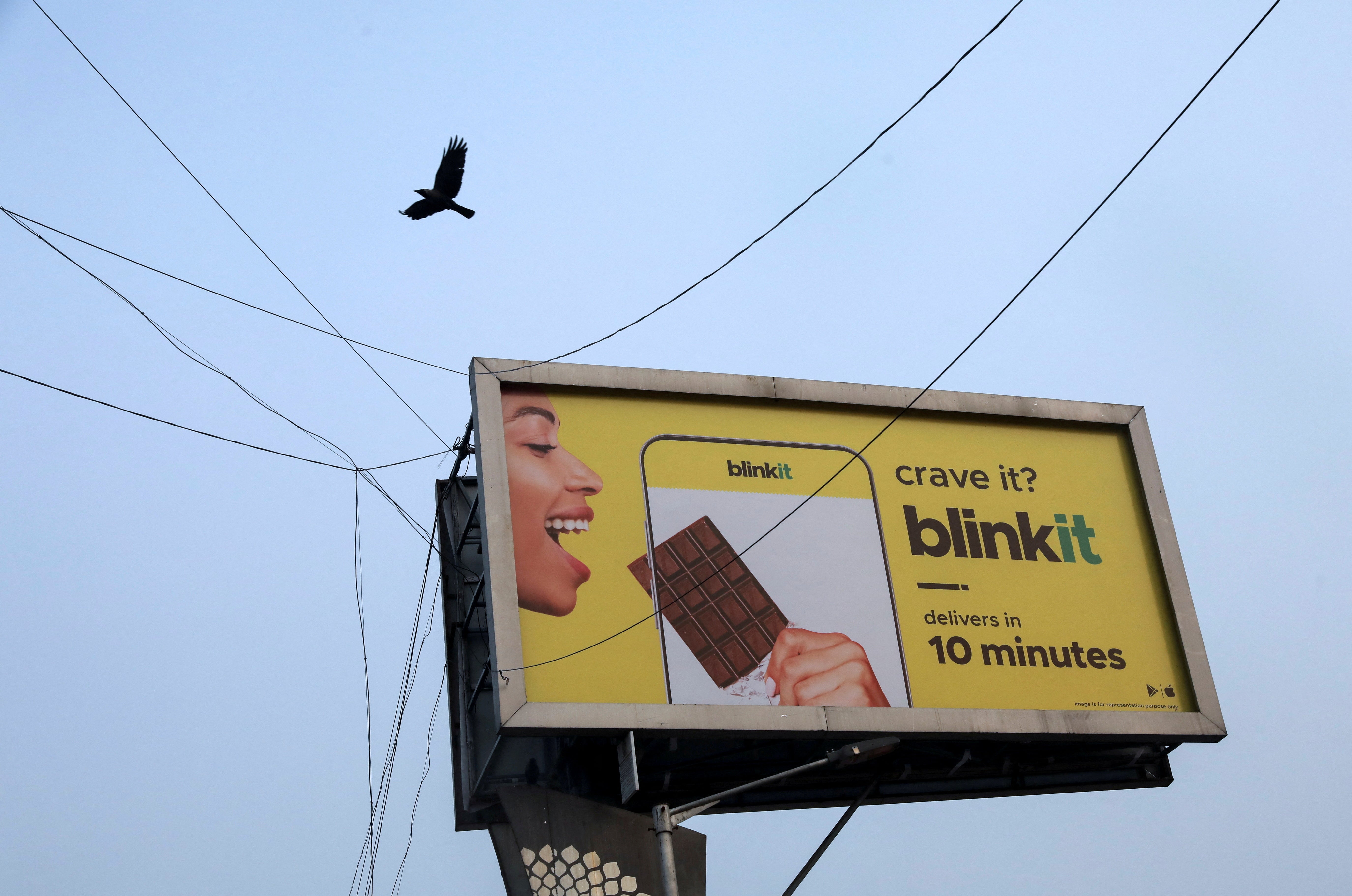 <p>File. A bird flies over a hoarding featuring an ad for Blinkit in Delhi, India</p>