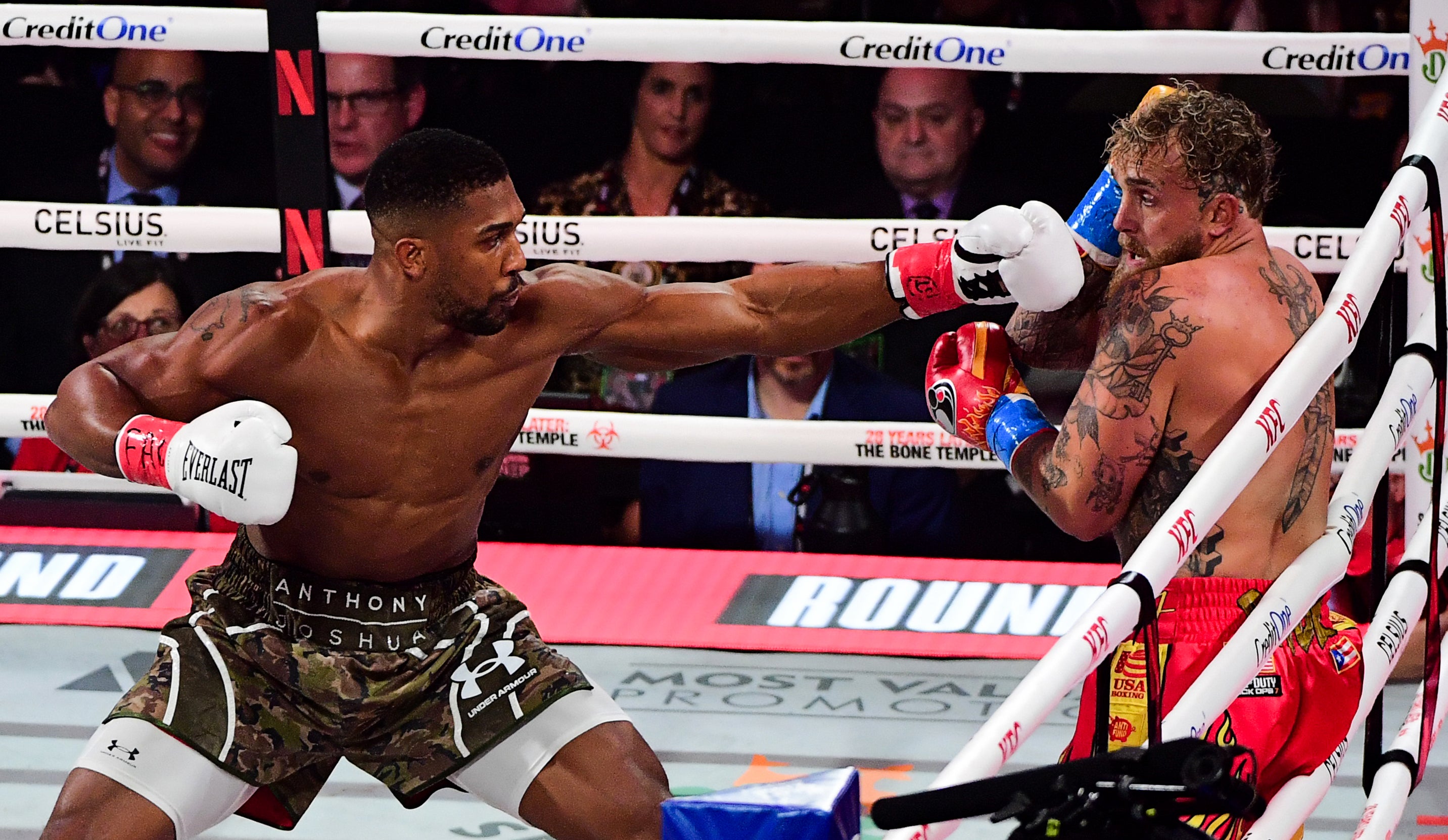 Anthony Joshua and Jake Paul during their heavyweight bout in December (JC Ruiz/PA)