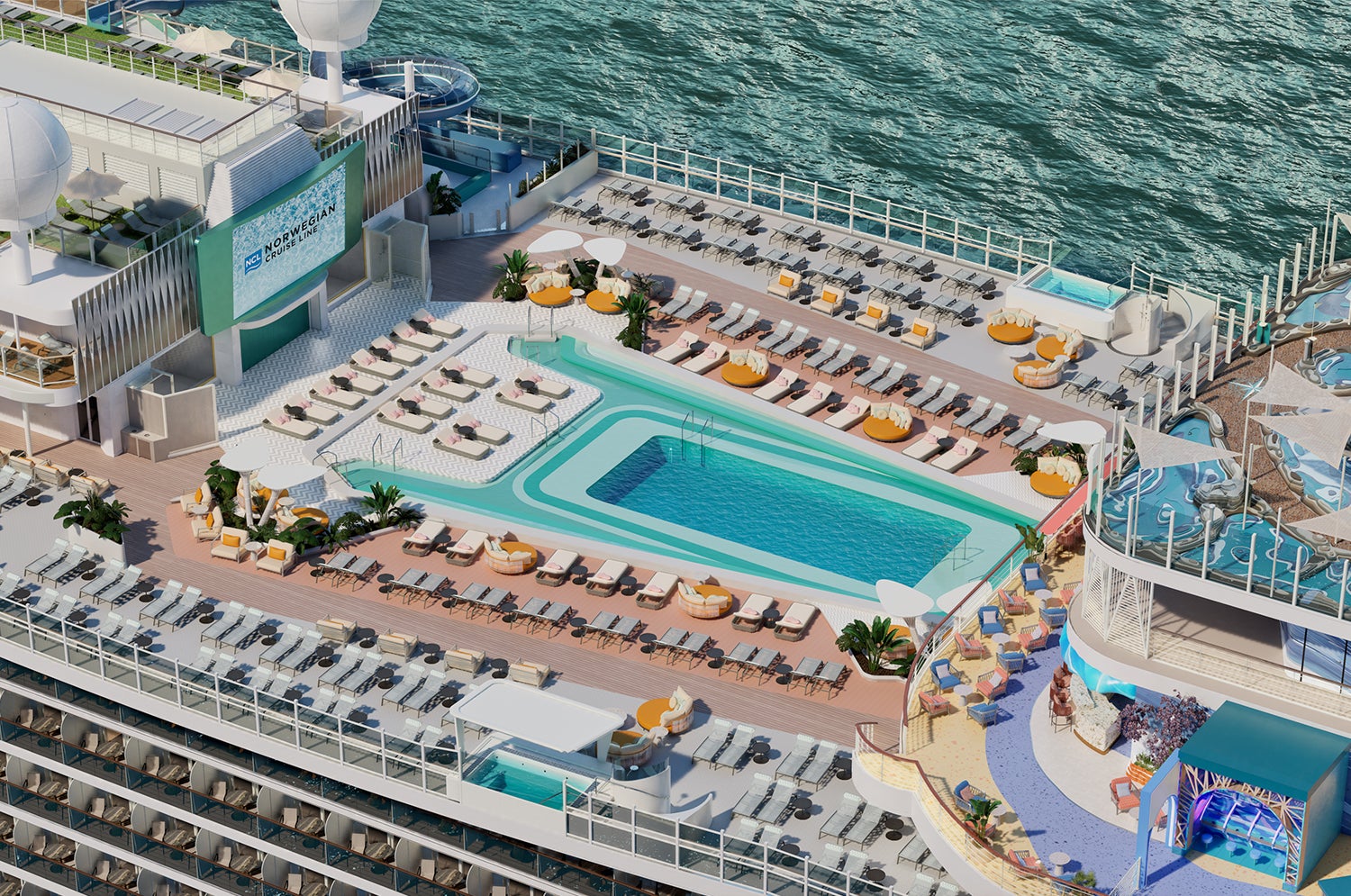 The pool deck on Norwegian Aura will be the largest in-fleet