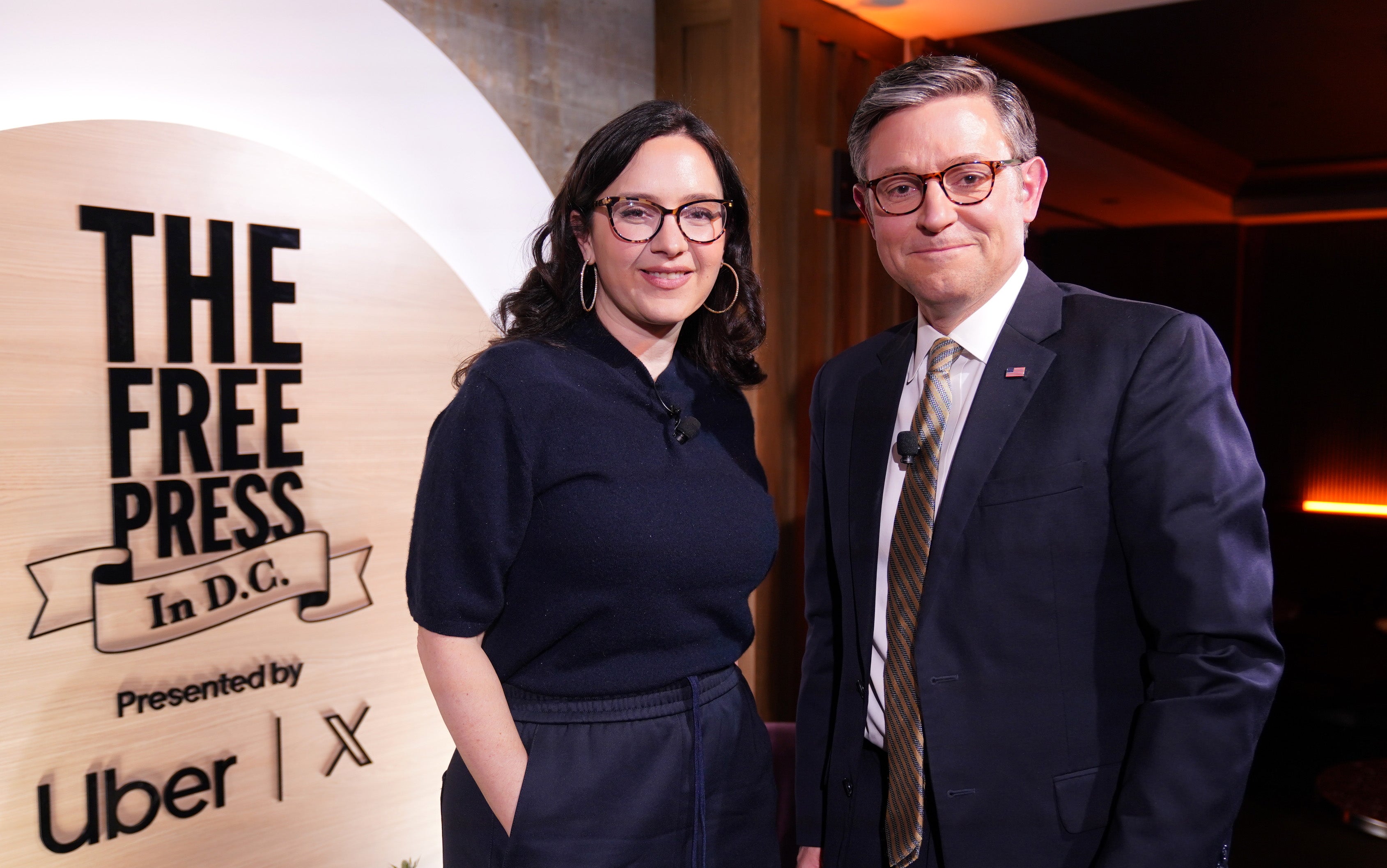 Bari Weiss, seen here alongside House Speaker Mike Johnson, has announced that she is pausing her podcast for a few months.