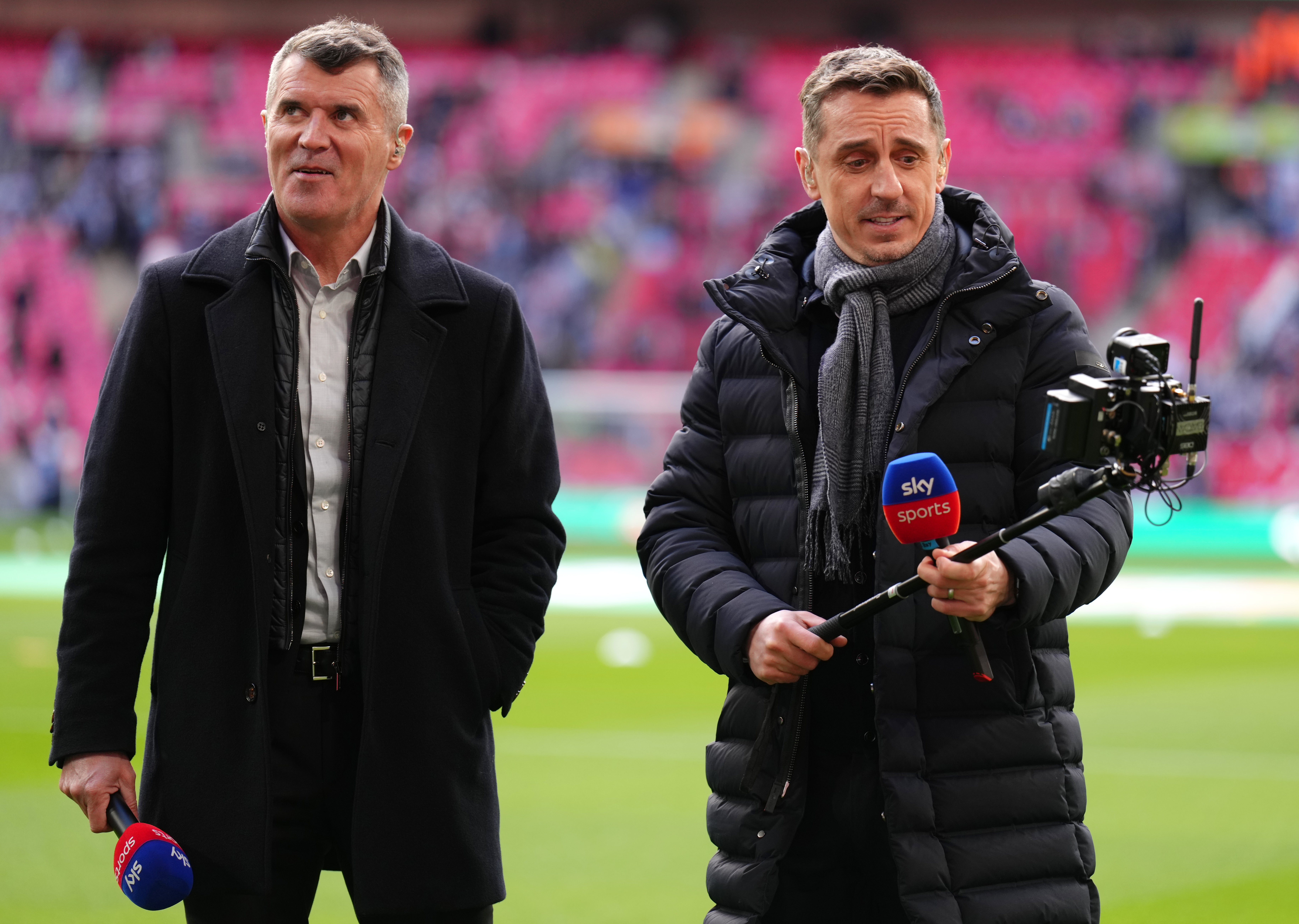 Keane and former Manchester United teammate Gary Neville (right) had heated moments on the field together as players but are now regular broadcasting colleagues