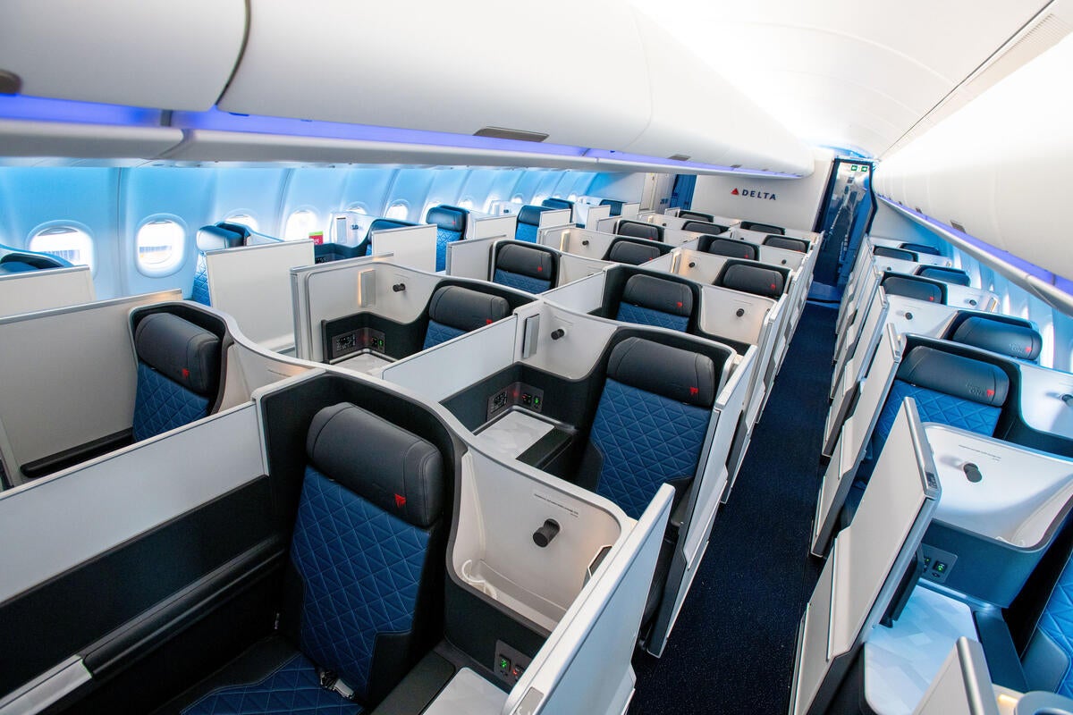 Delta's basic business would be a first for a US airline, but there are plenty of international carriers that offer pared-down premium seats. Pictured is business class aboard a Delta A330-900neo