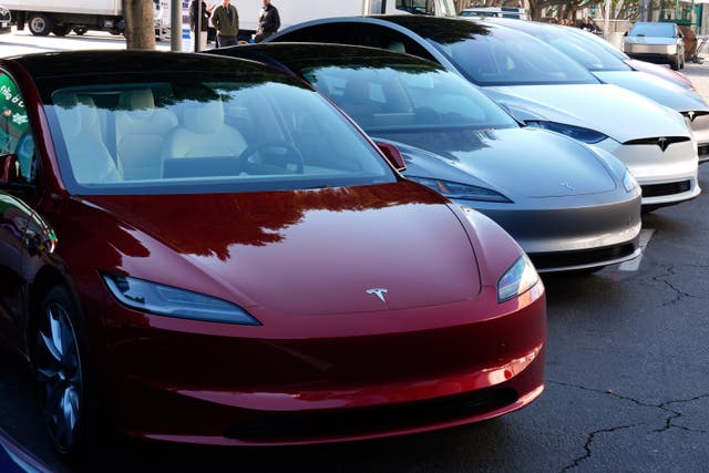 <p> Tesla vehicles are displayed at the AutoMobility LA Auto Show, Thursday, Nov. 21, 2024, in Los Angeles. (AP Photo/Damian Dovarganes, File)</p>