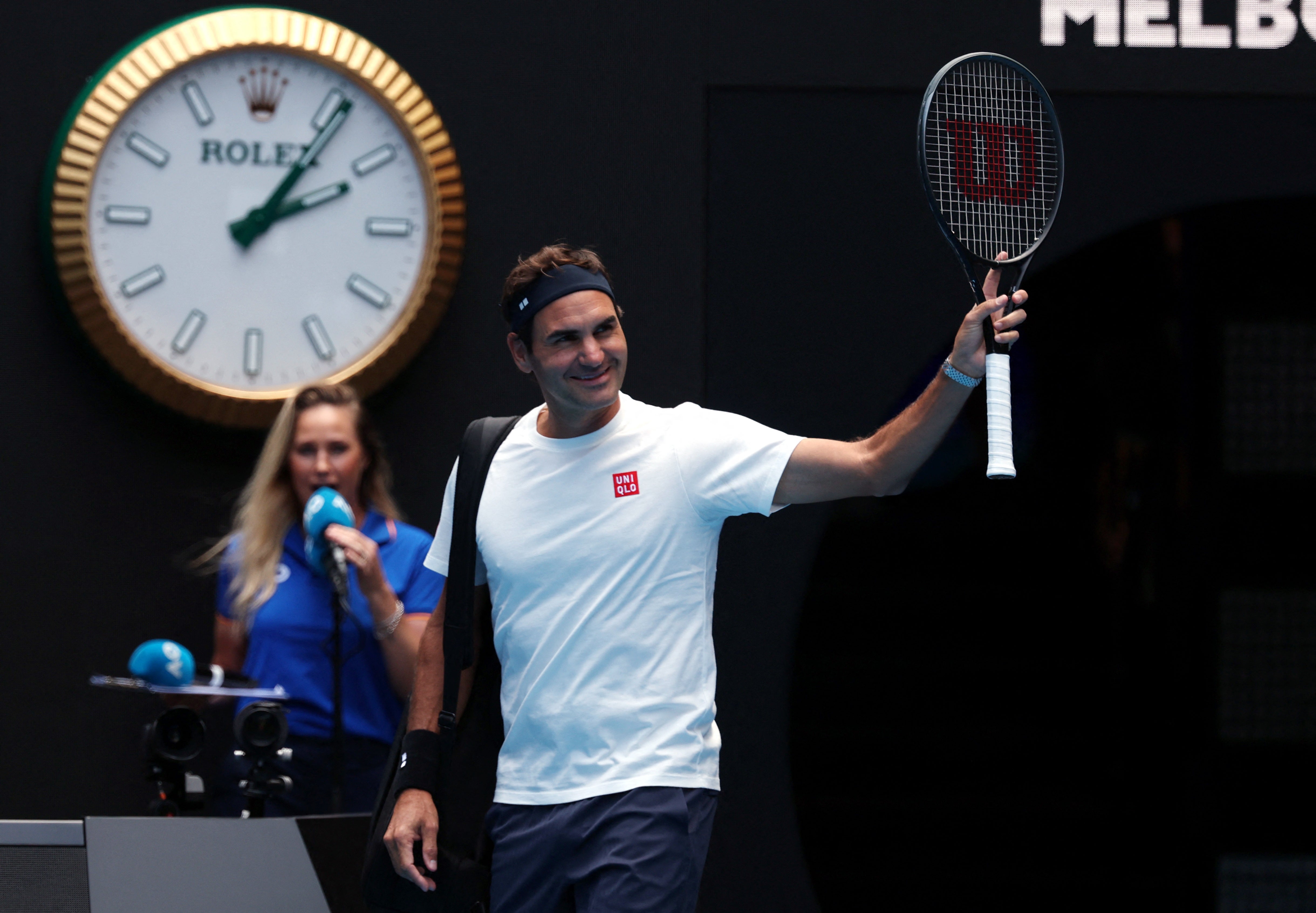 <p>Roger Federer during practice on Rod Laver Arena </p>