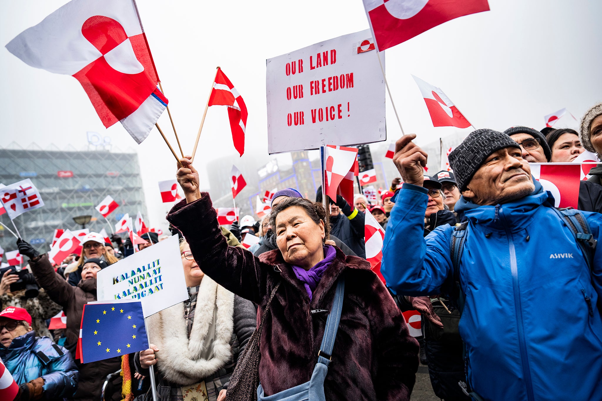 Protesters on City Square, Copenhagen, during a protest in support of Greenland