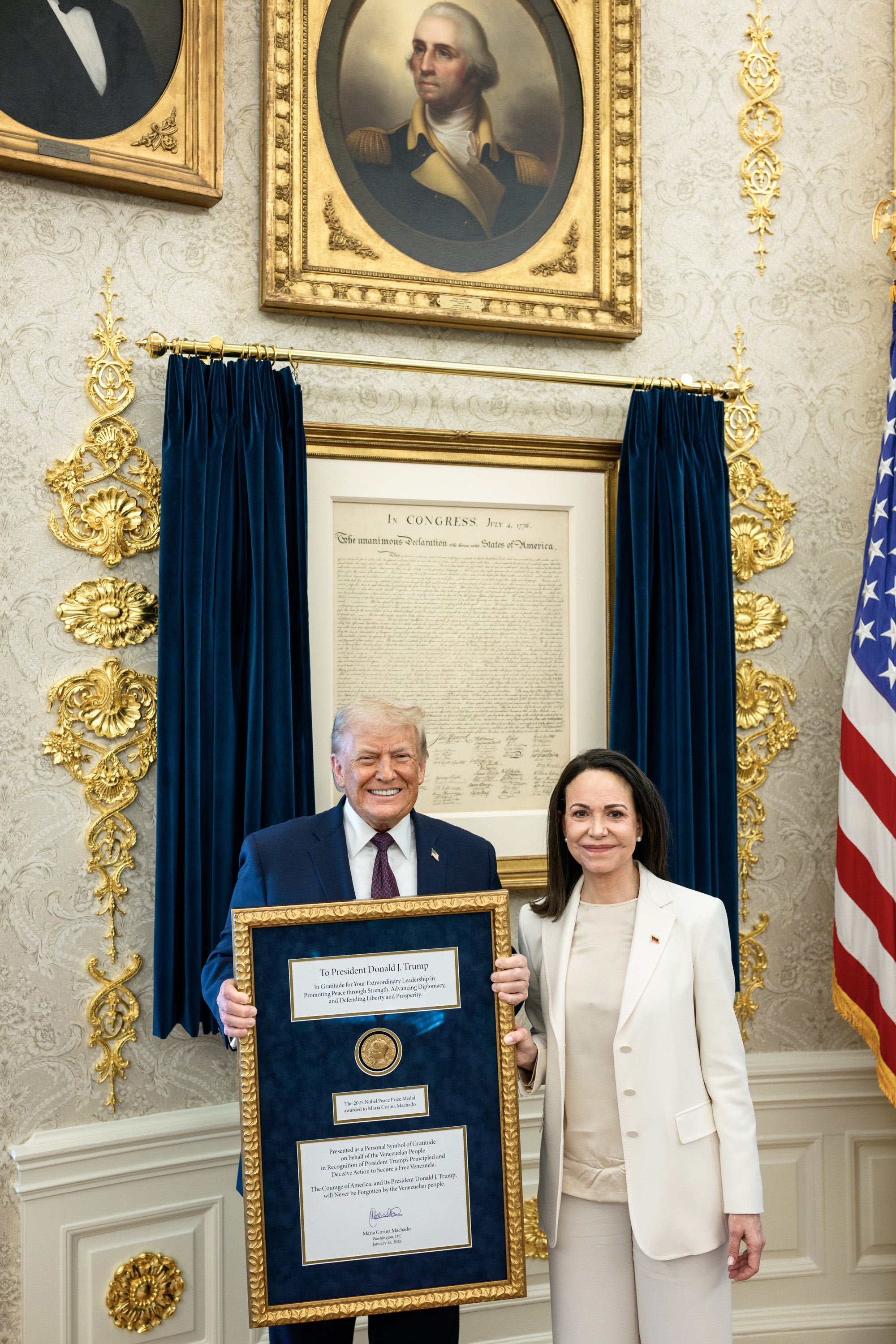 Machado gifted her Nobel Peace Prize, encased in a gold frame, to Trump at the White House Thursday